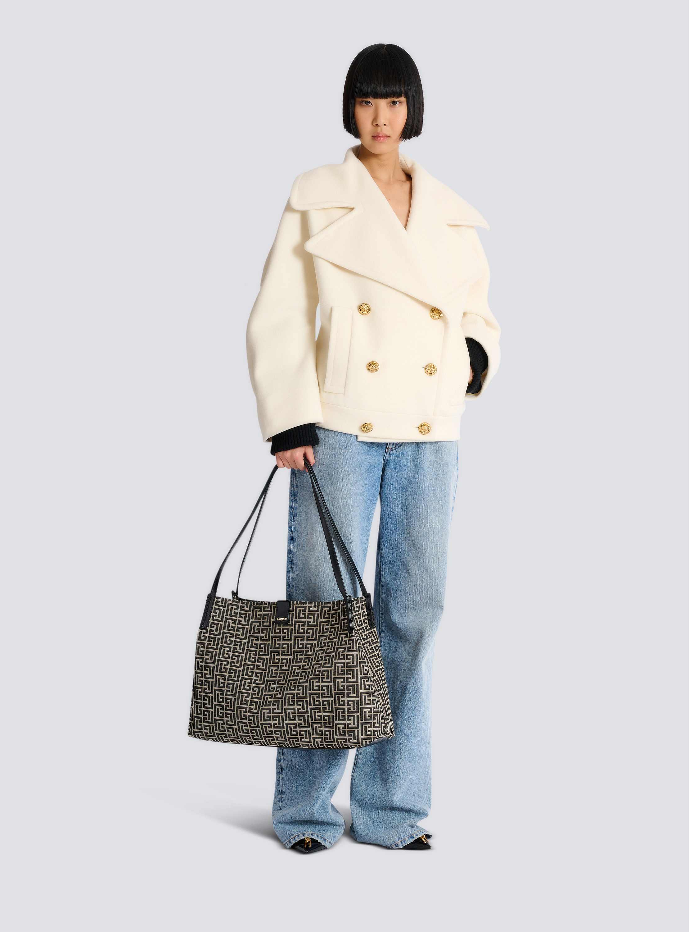 Medium Release Shopper bag in monogram jacquard and calfskin leather
