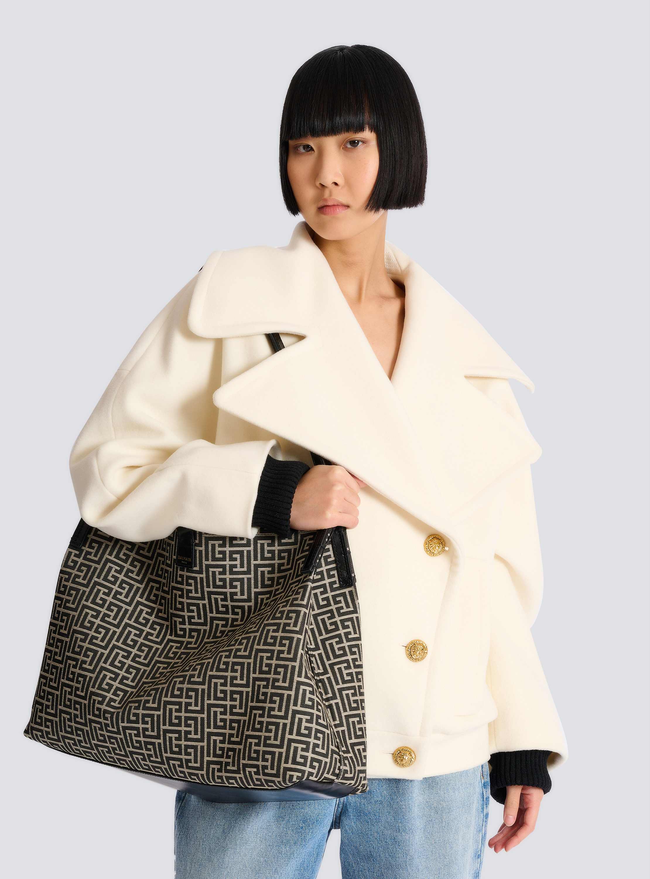 Medium Release Shopper bag in monogram jacquard and calfskin leather