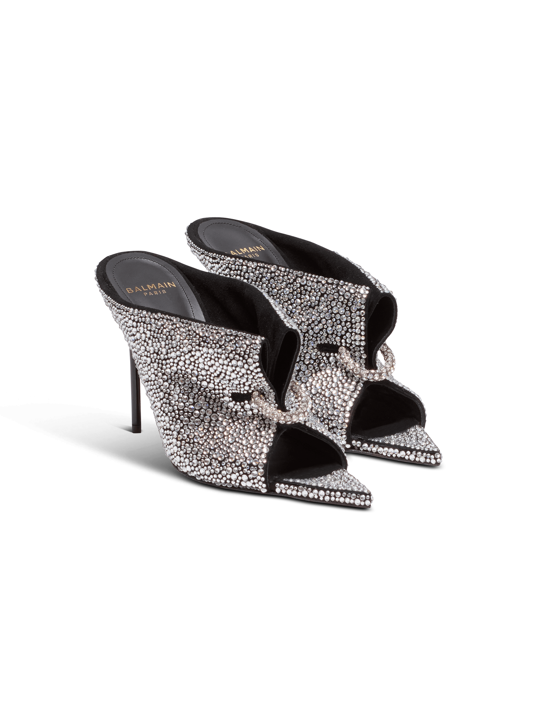 Suede and rhinestone mules with front piercing