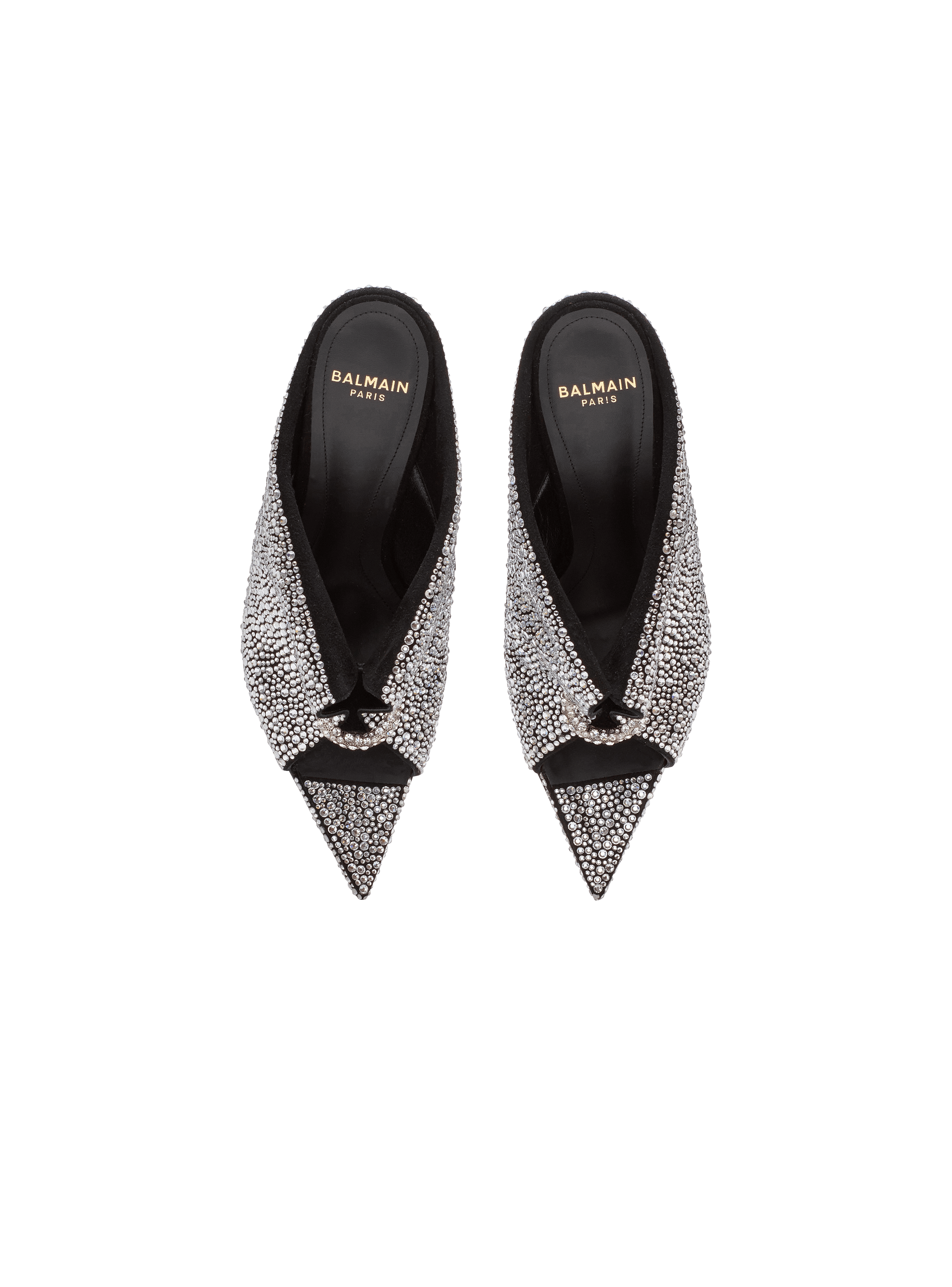 Suede and rhinestone mules with front piercing