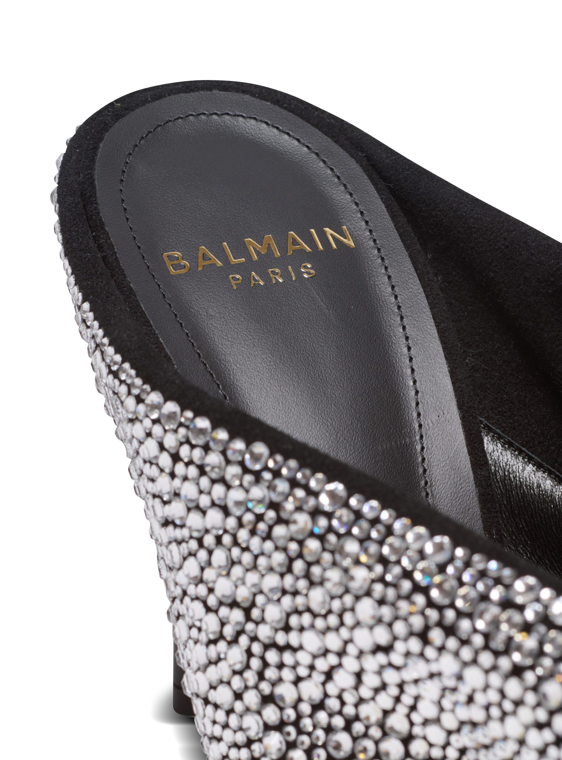 Suede and rhinestone mules with front piercing