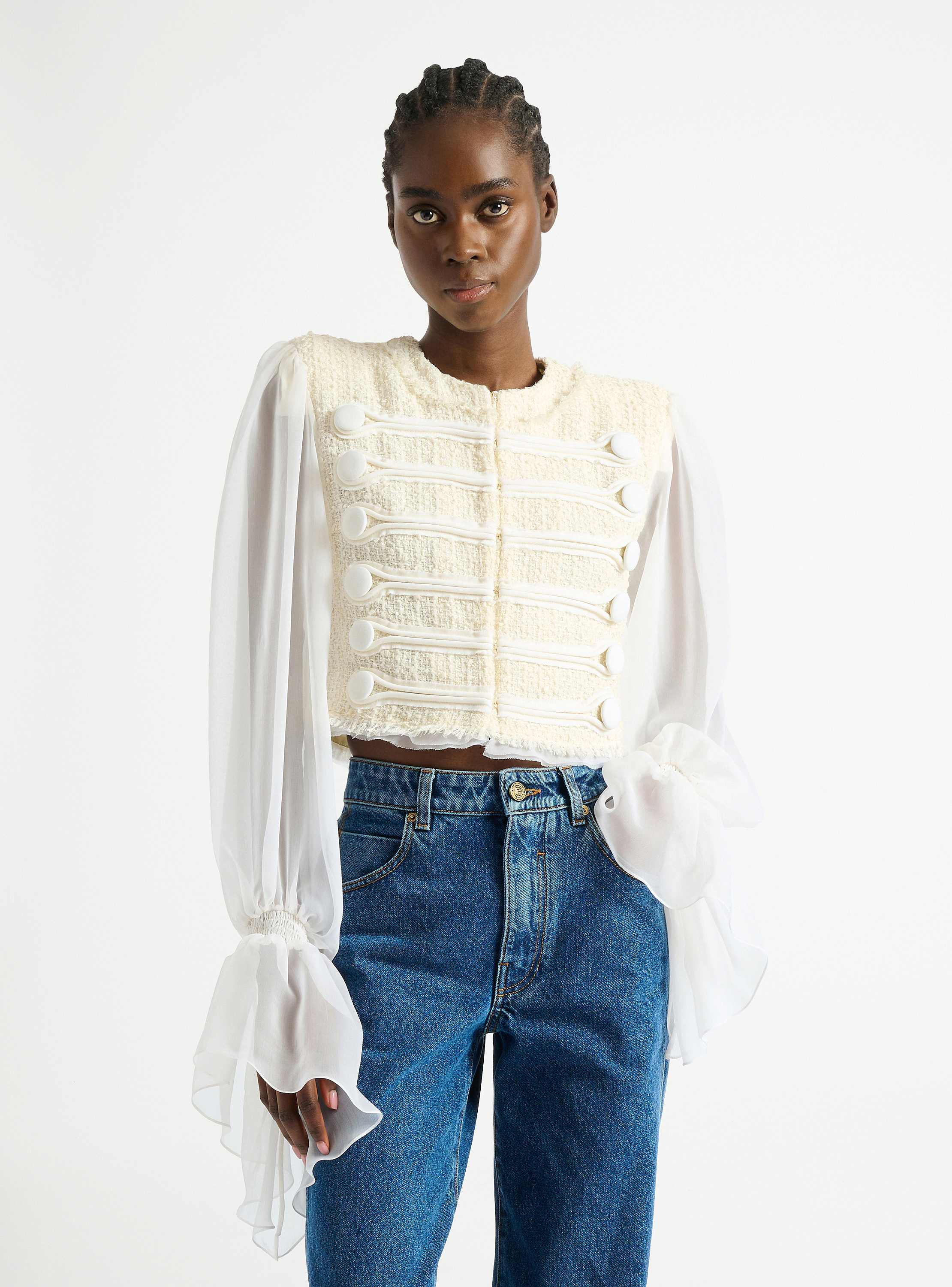 Giacca spencer con alamari in tweed e mussola