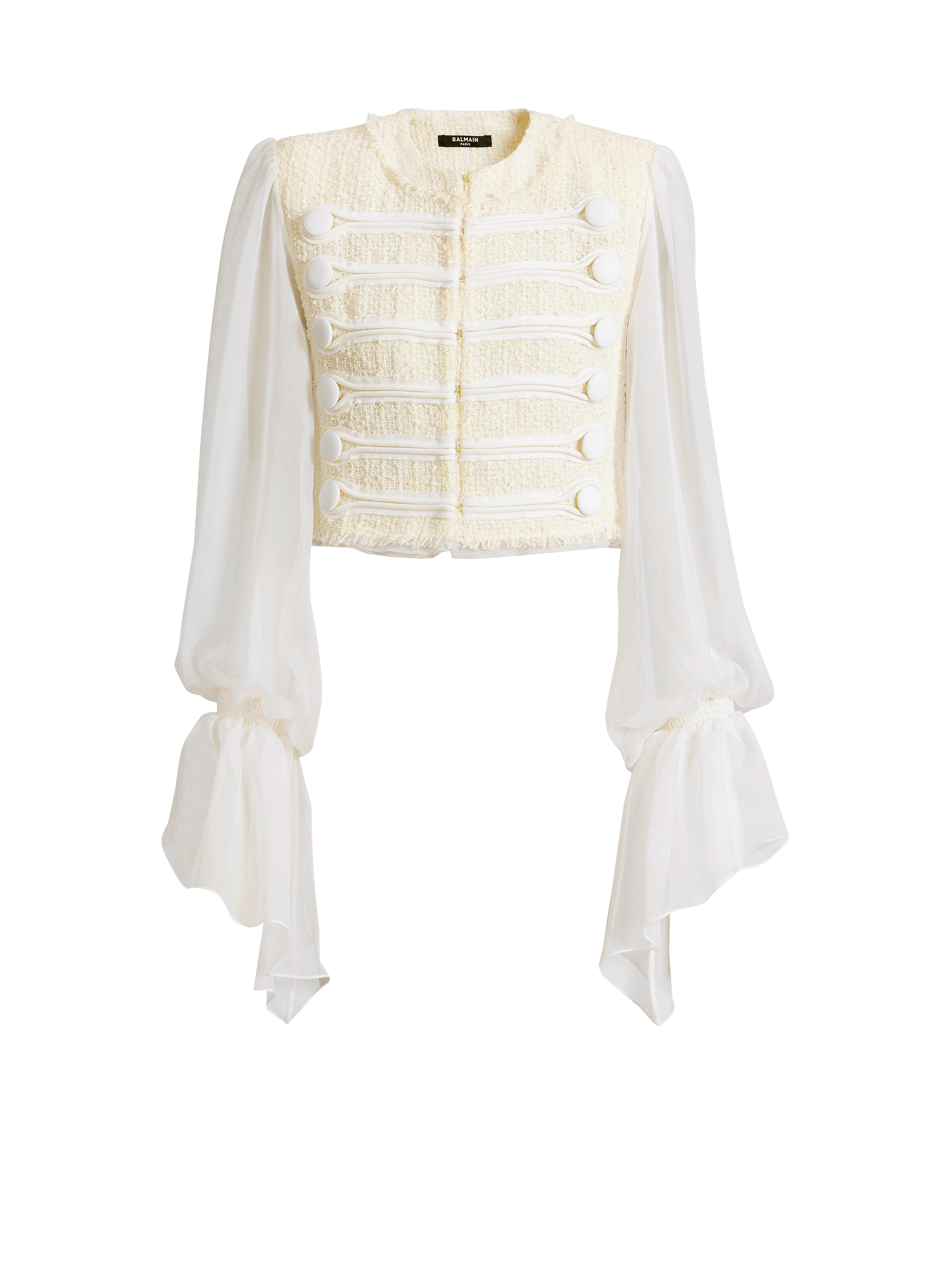 Giacca spencer con alamari in tweed e mussola