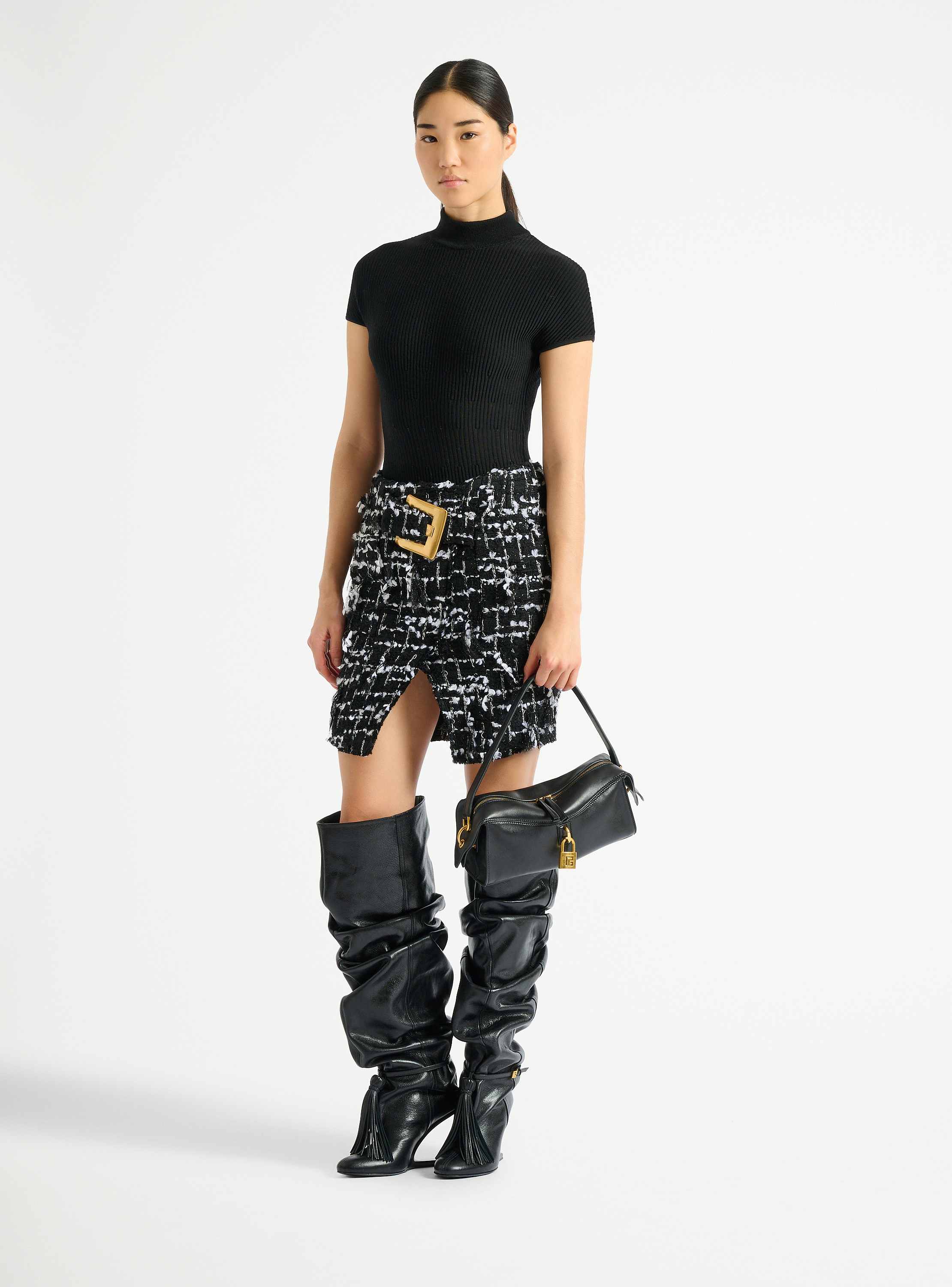 Belted fringed tweed skirt
