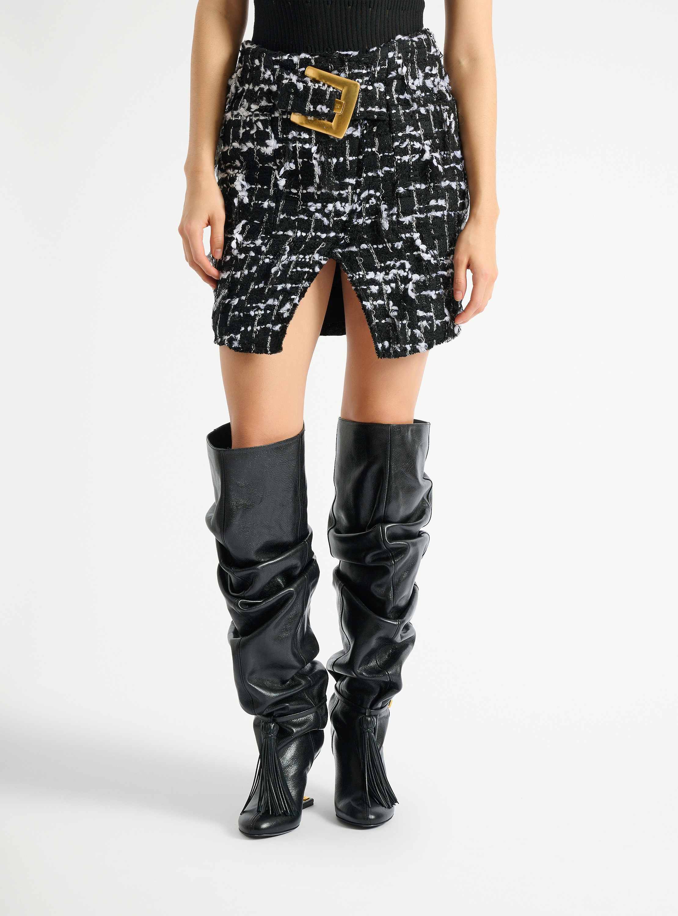 Belted fringed tweed skirt