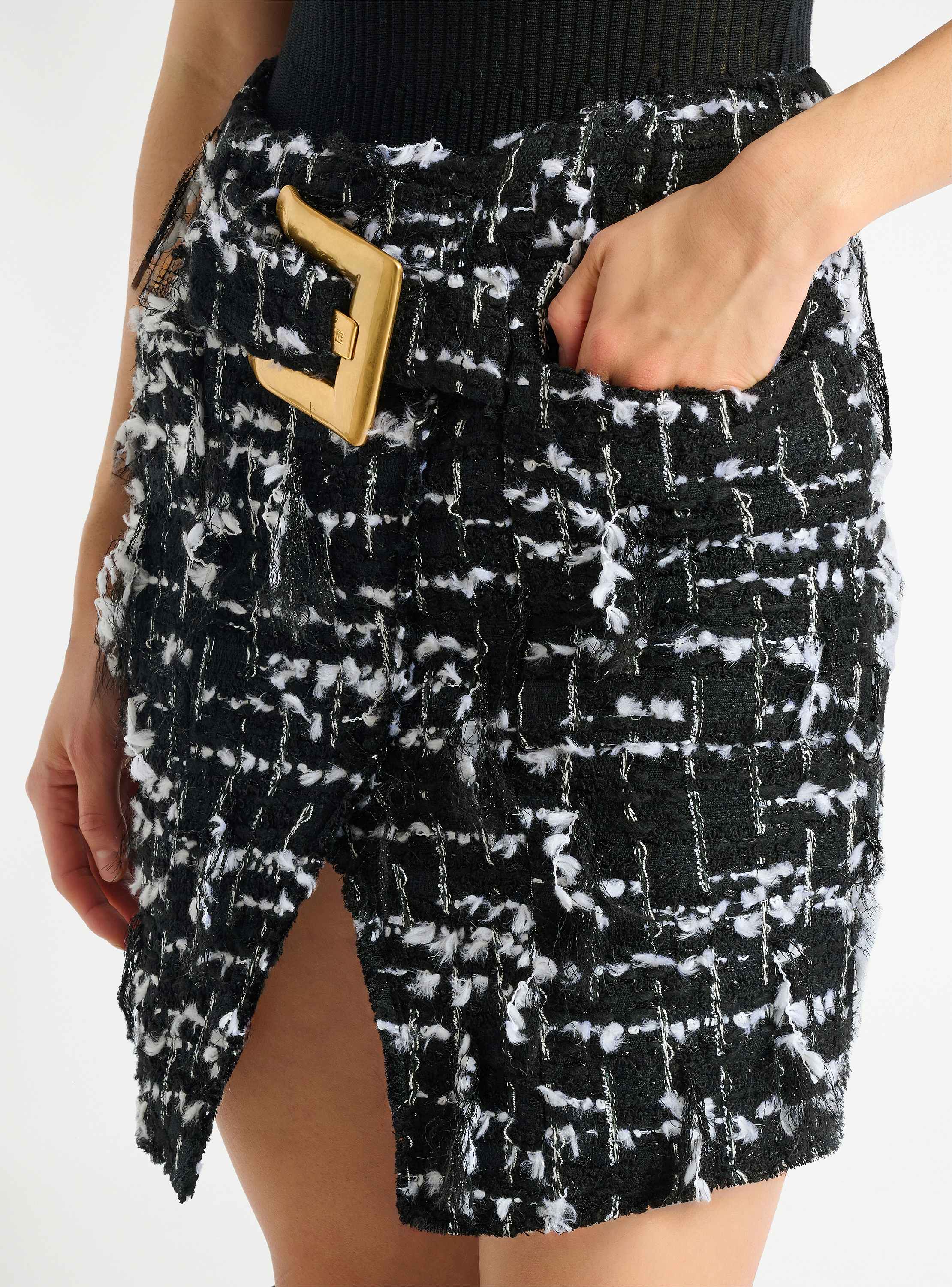 Belted fringed tweed skirt