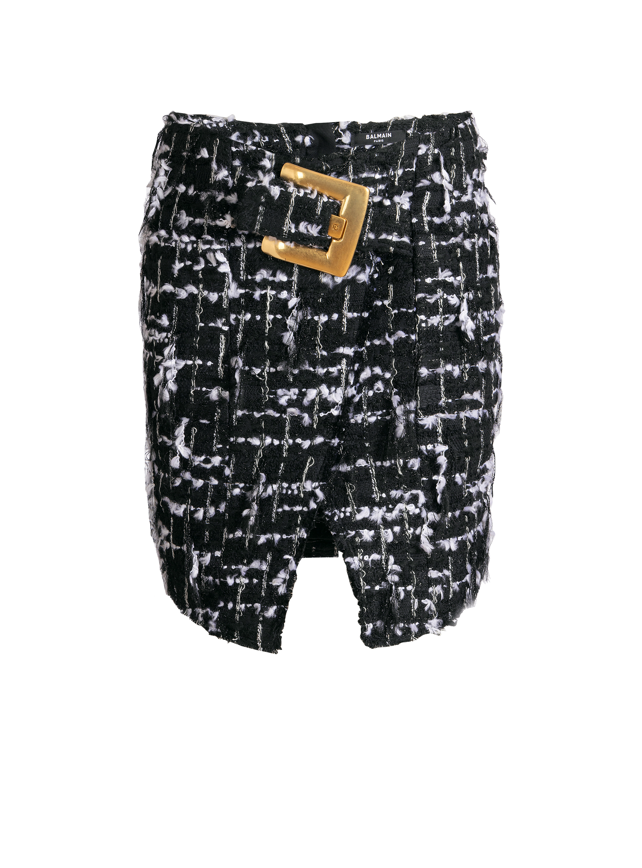 Belted fringed tweed skirt