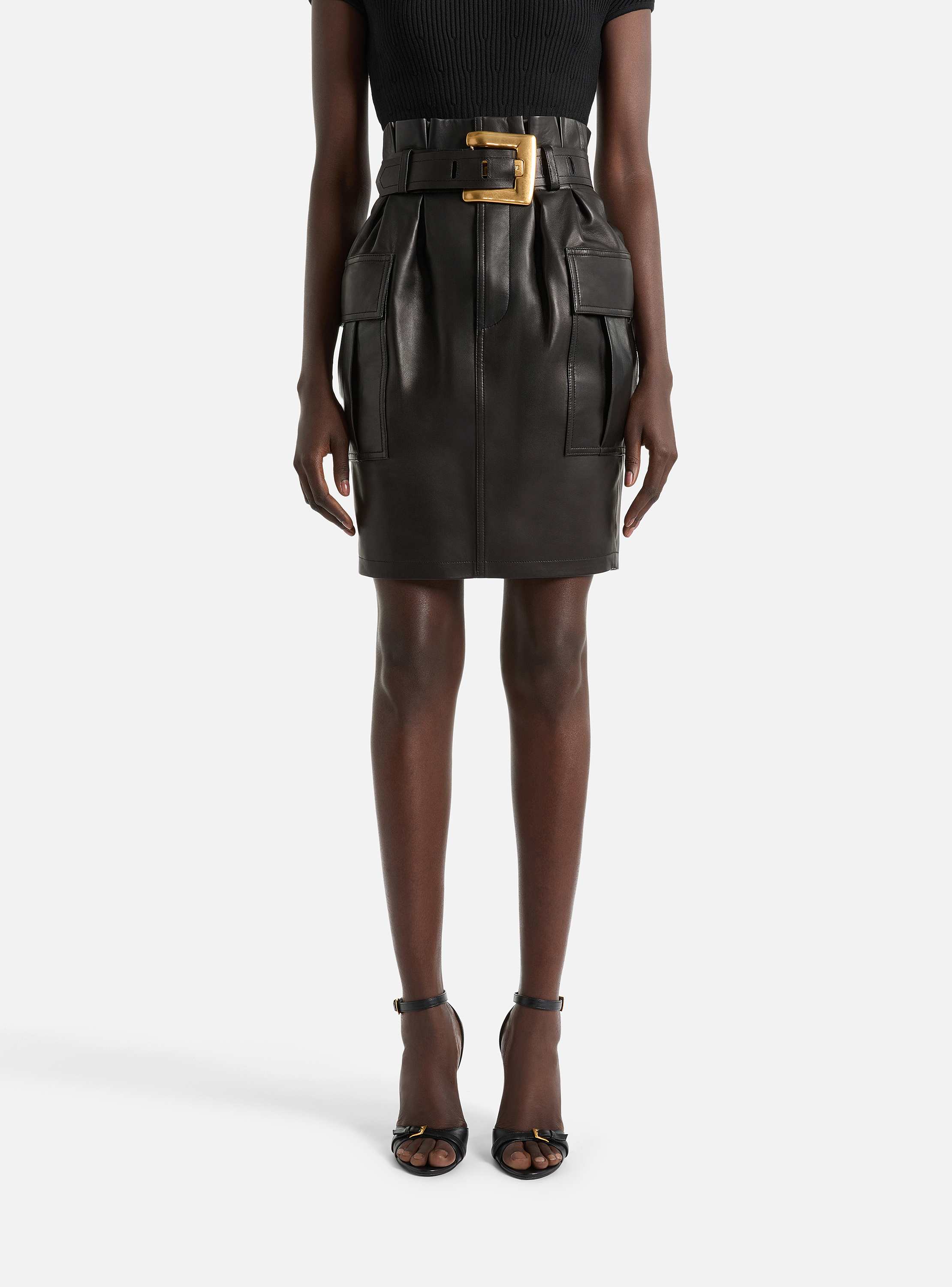 Belted lambskin skirt