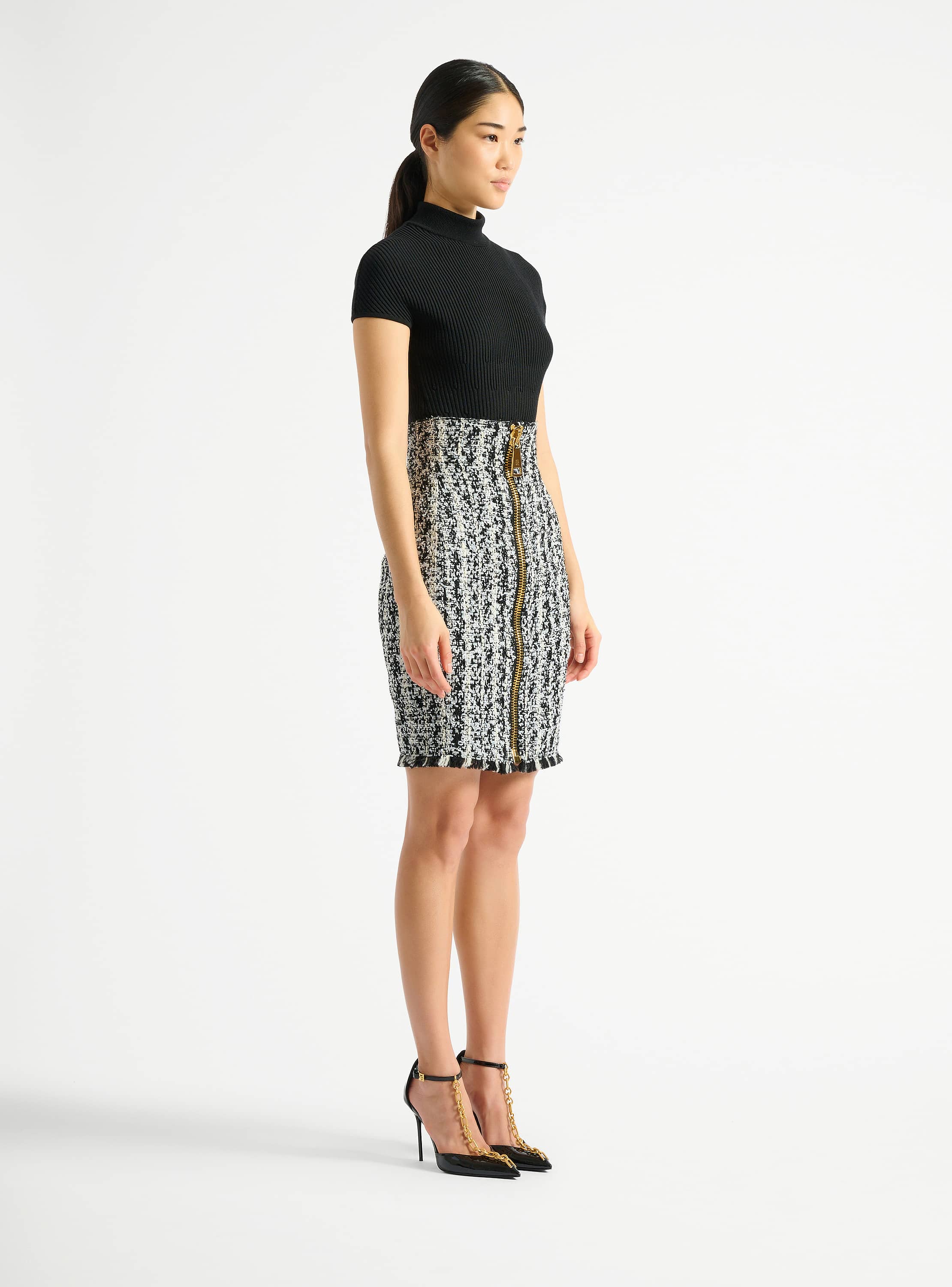 Zipped two-tone tweed skirt