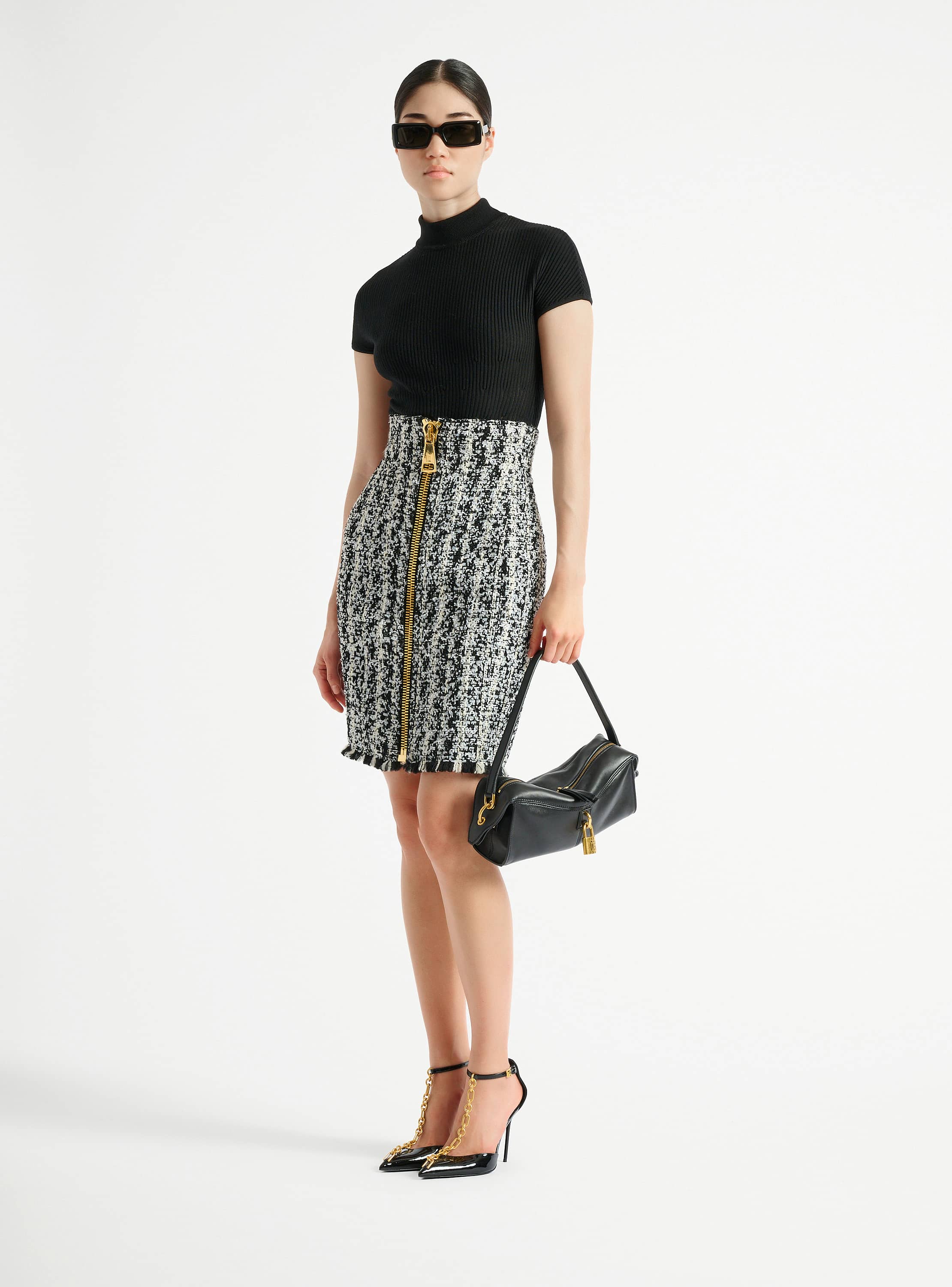 Zipped two-tone tweed skirt