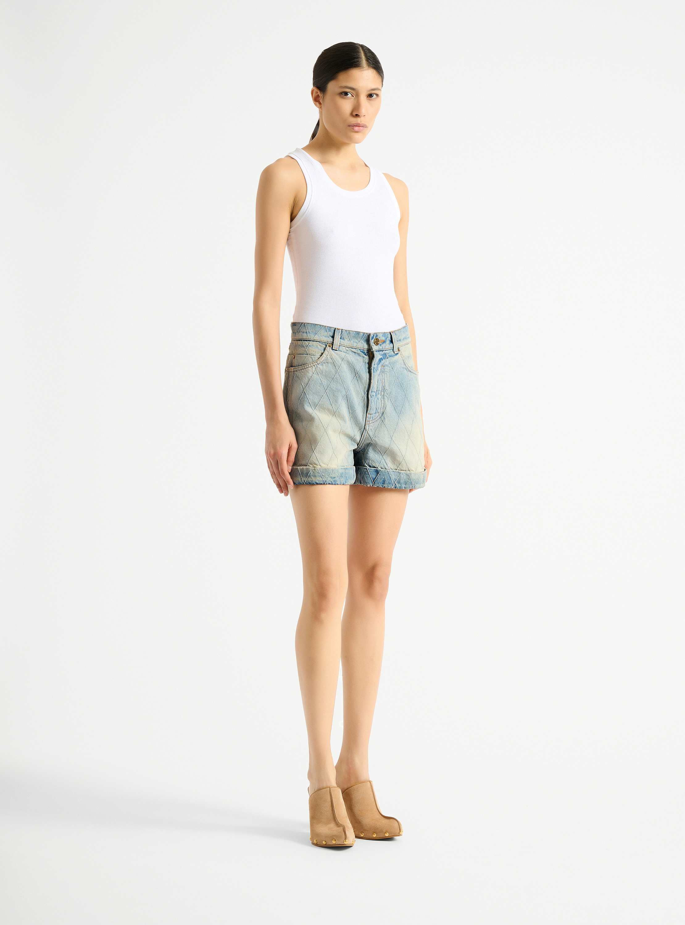 Topstitched denim shorts