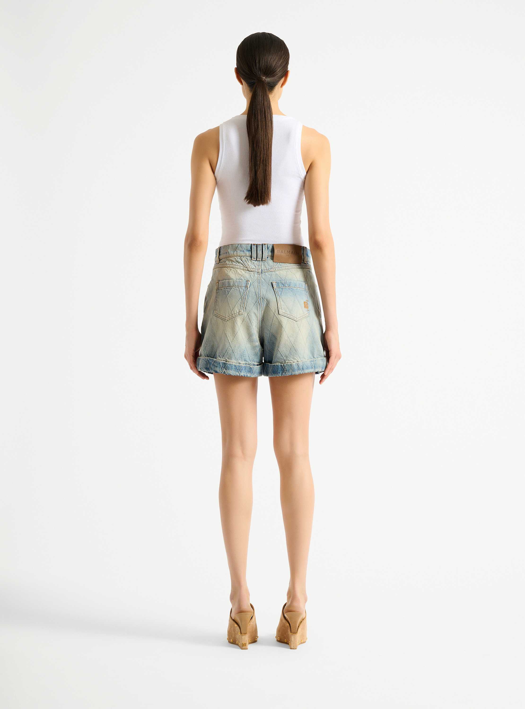Topstitched denim shorts