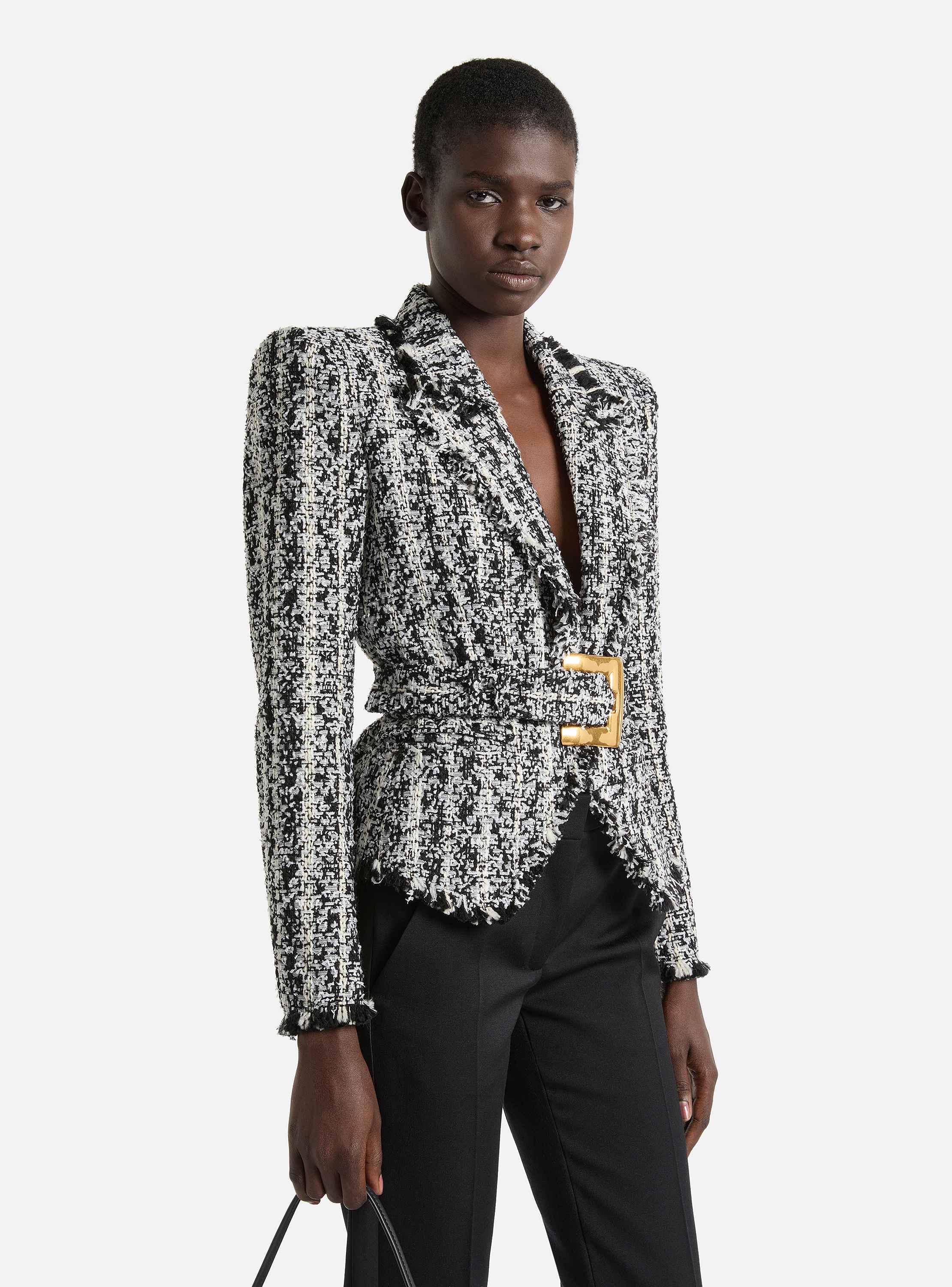 Two-tone tweed belted jacket
