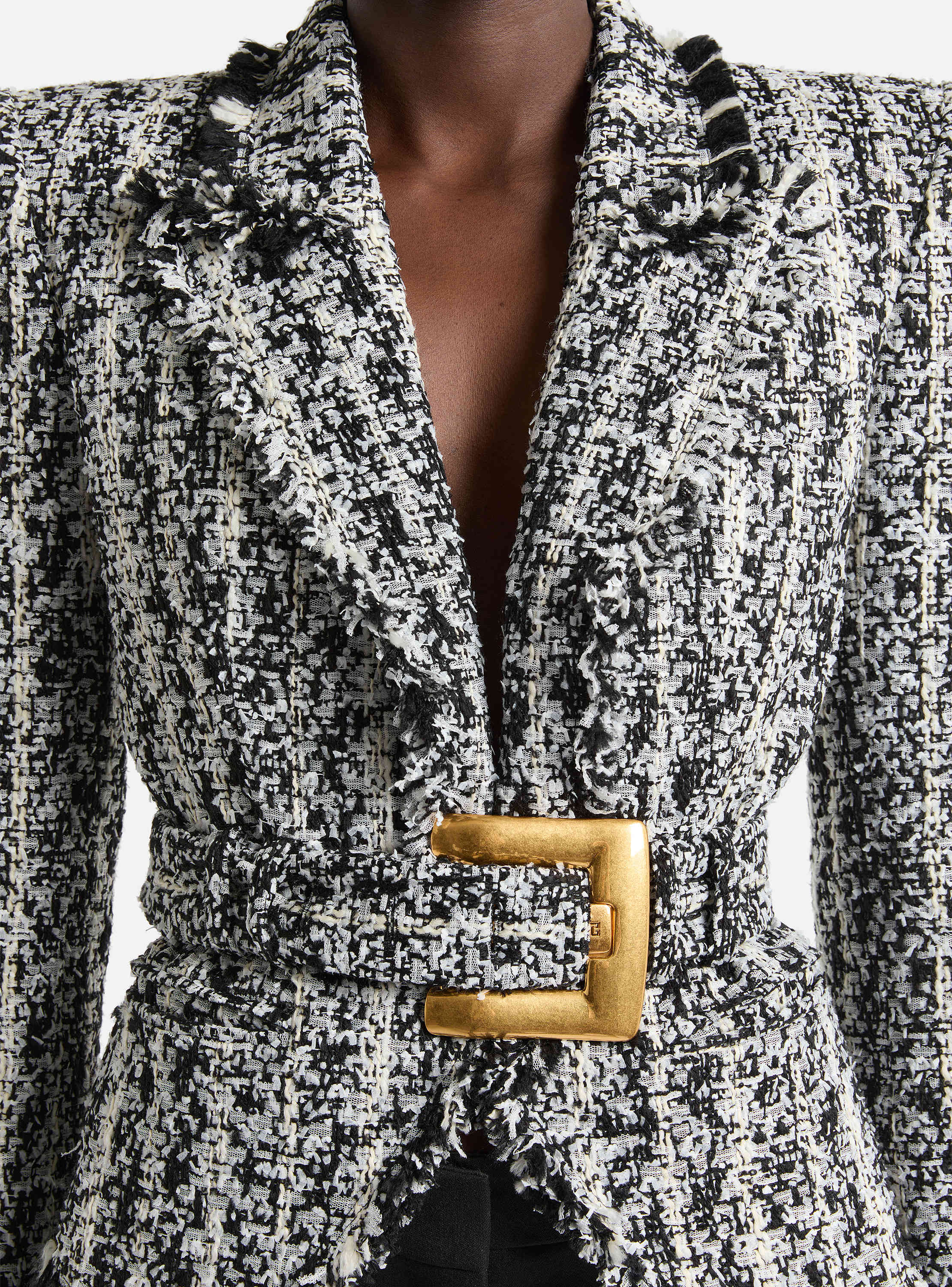 Two-tone tweed belted jacket