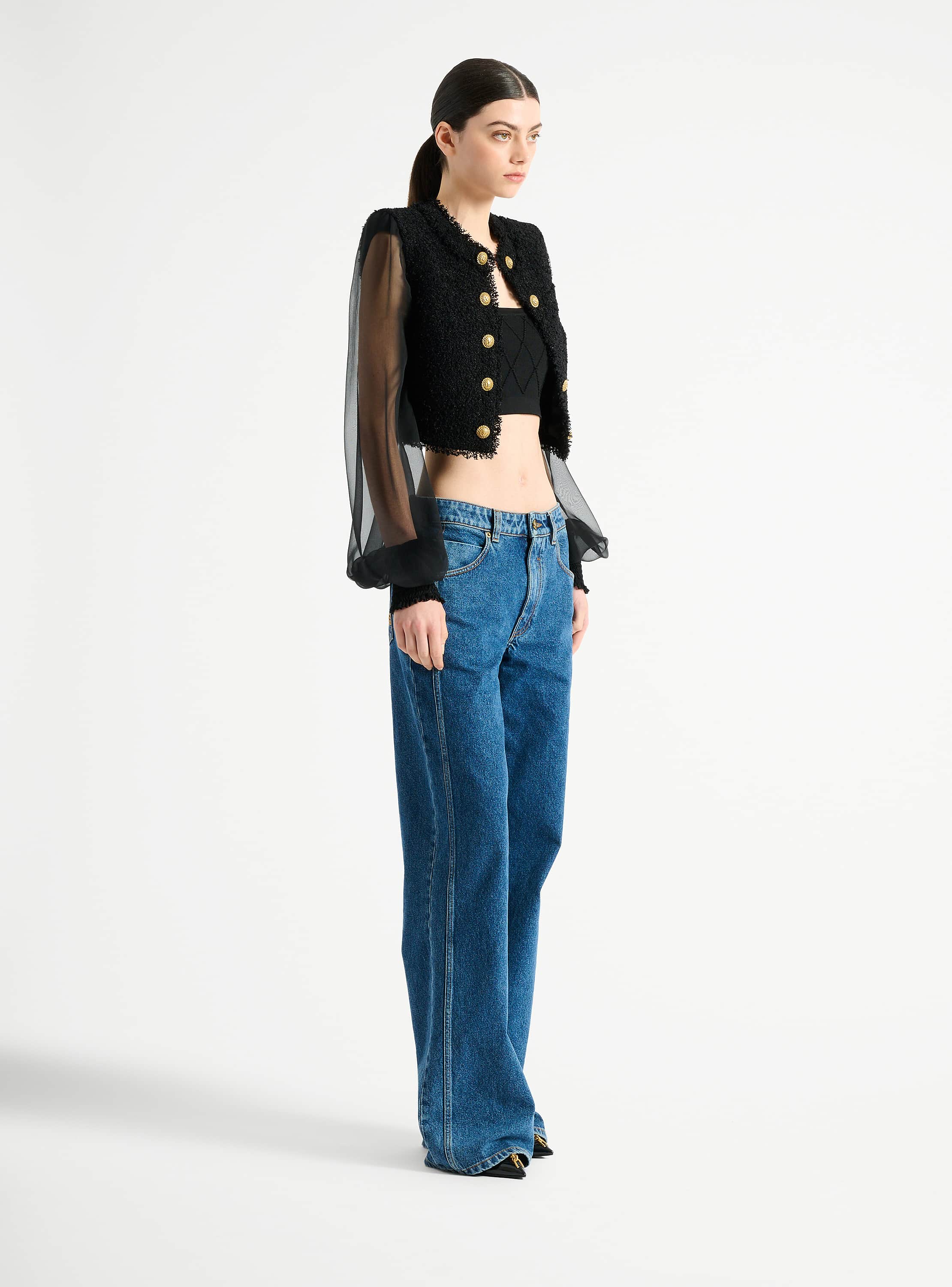 Cropped tweed and muslin jacket