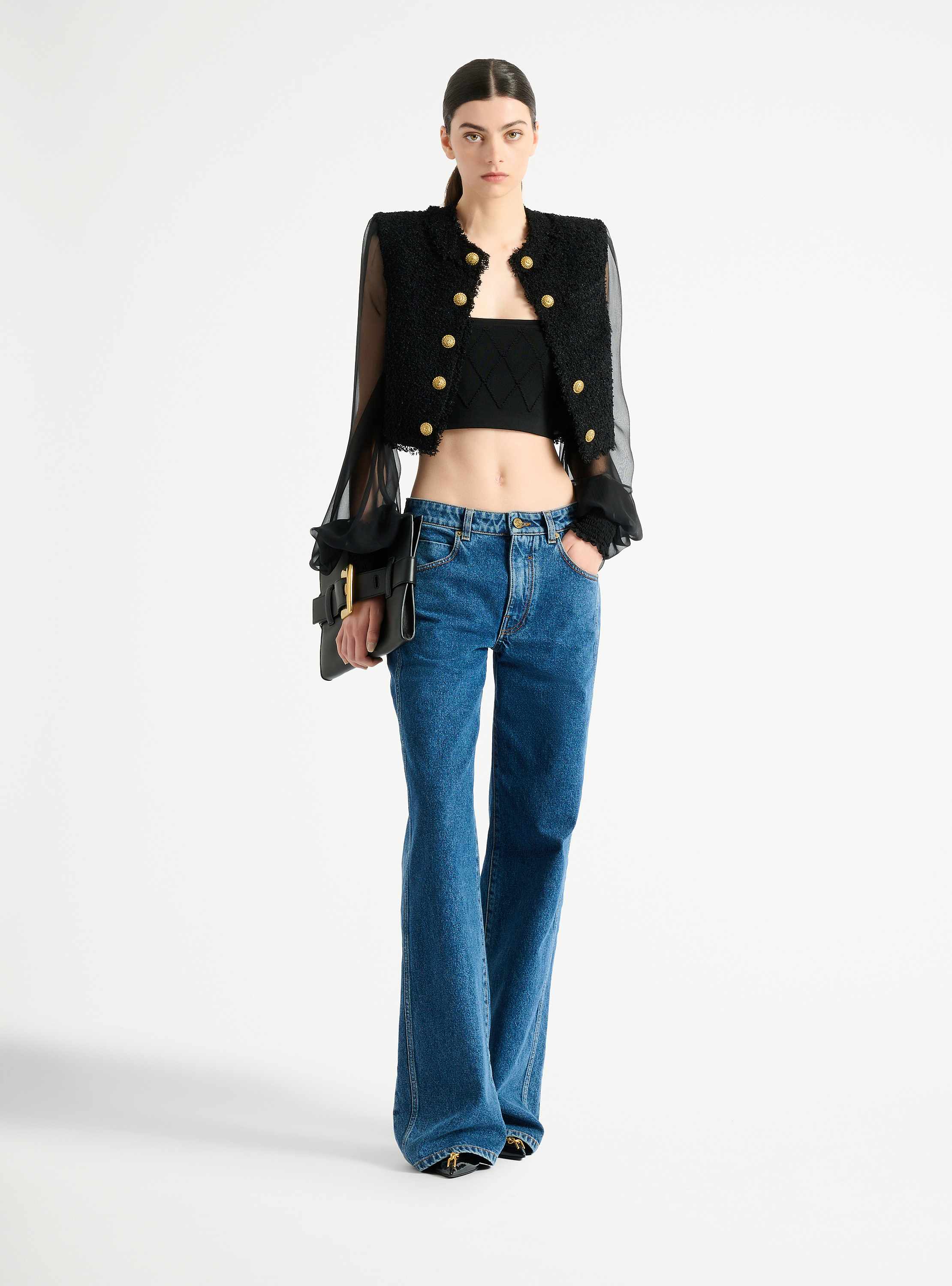 Cropped tweed and muslin jacket