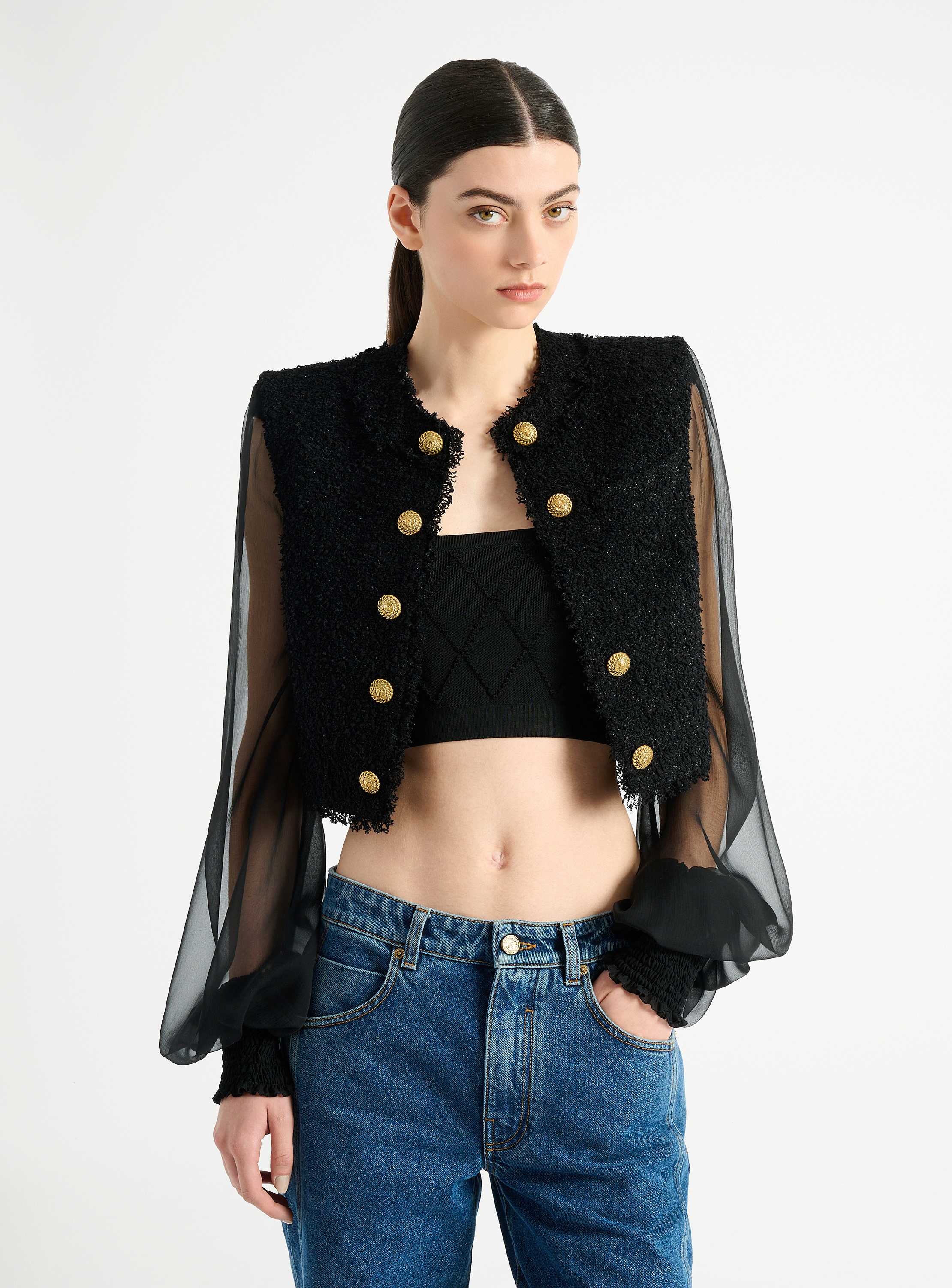 Cropped tweed and muslin jacket