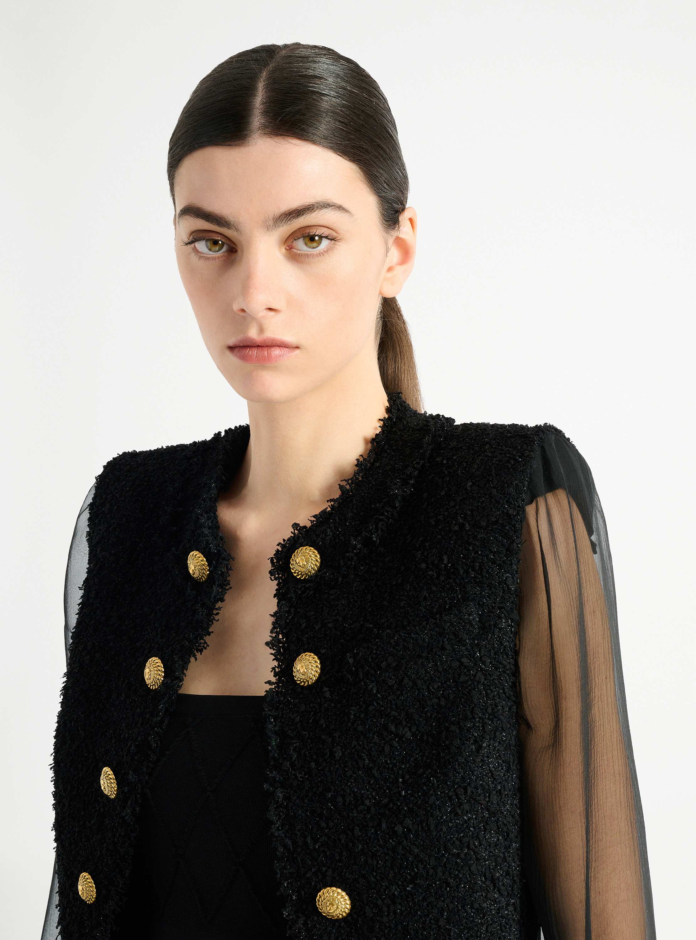 Cropped tweed and muslin jacket