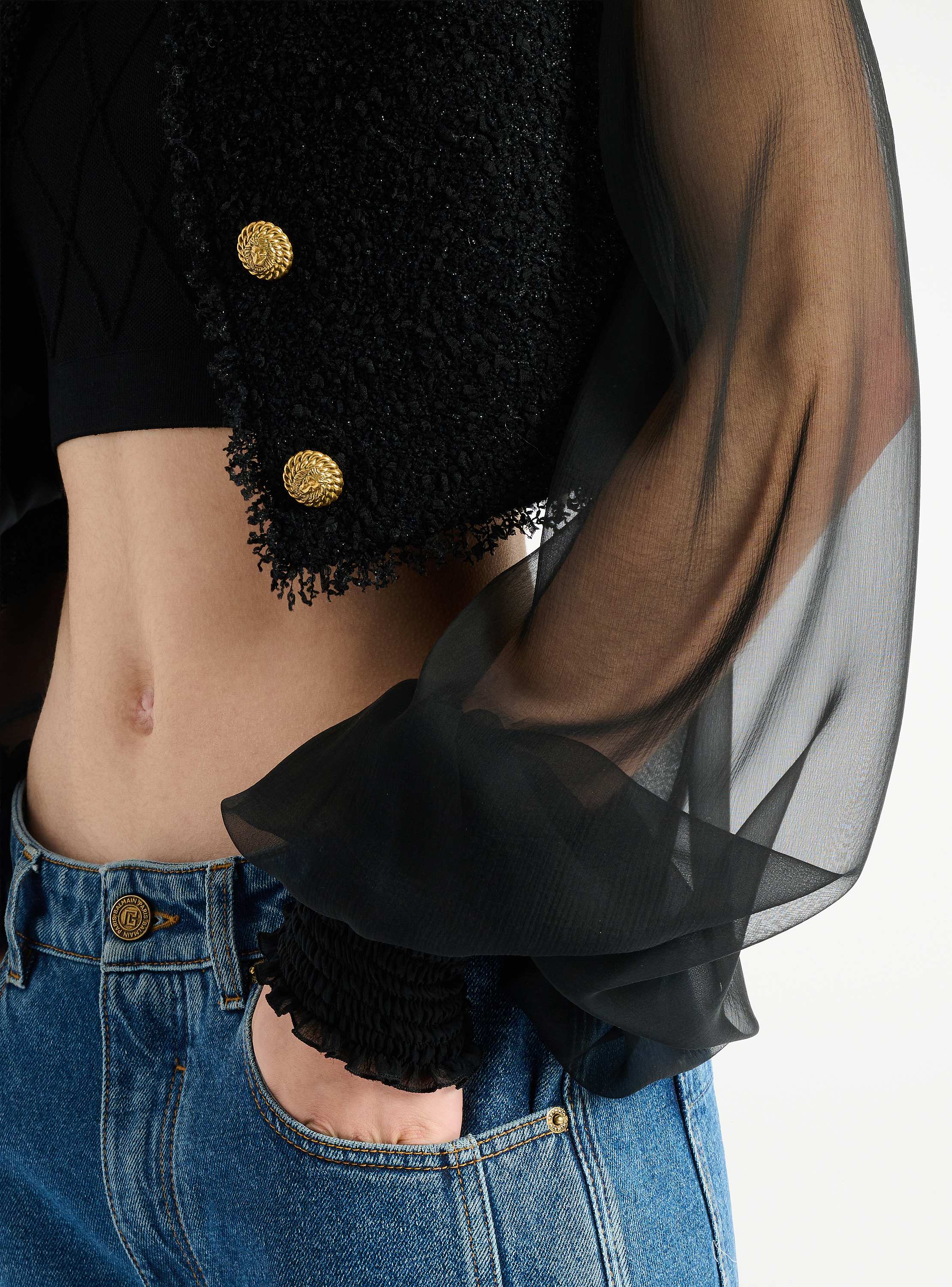 Cropped tweed and muslin jacket