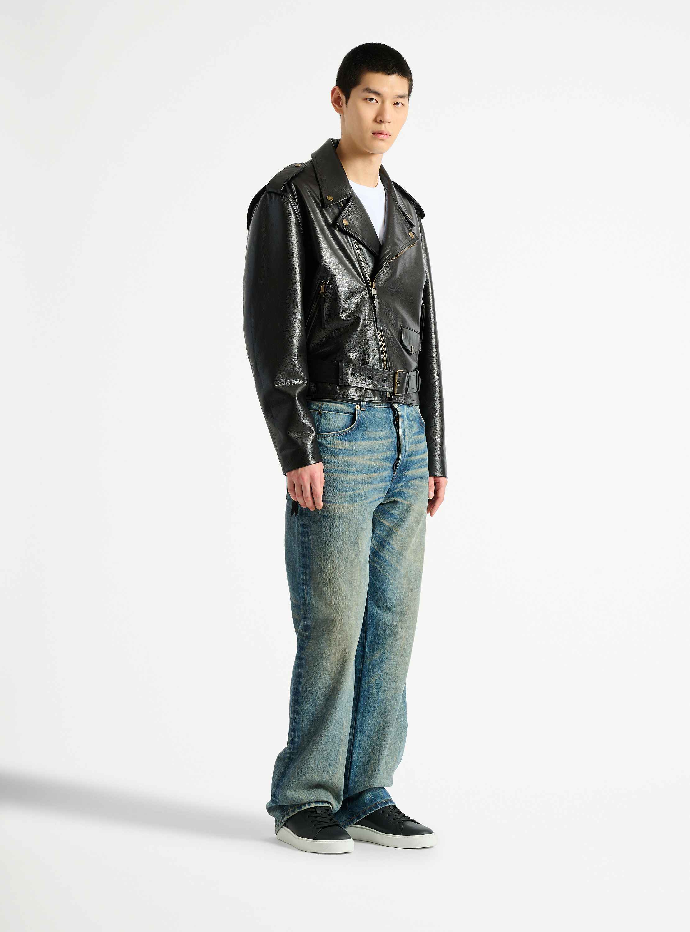 Textured leather biker jacket