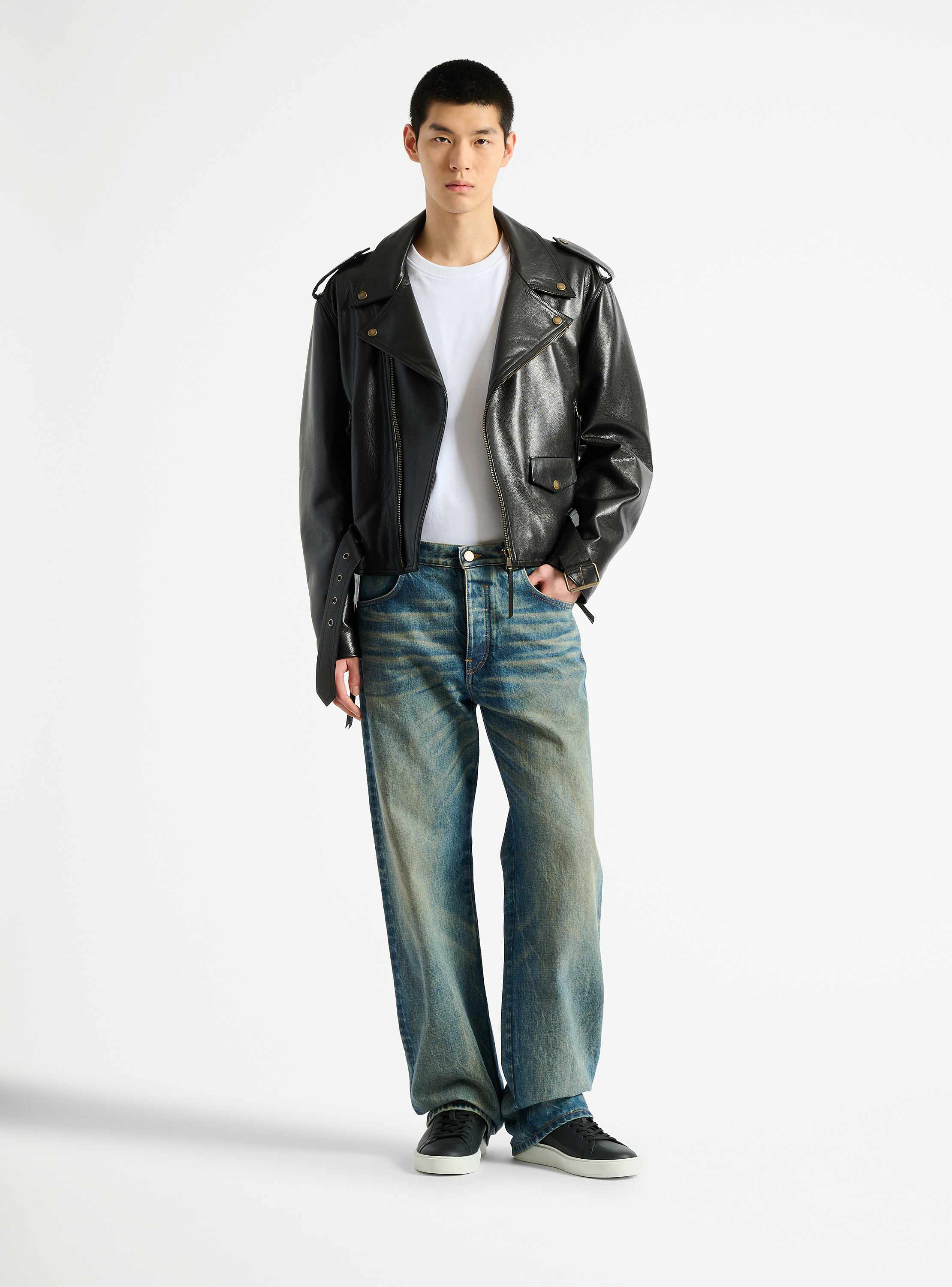 Textured leather biker jacket