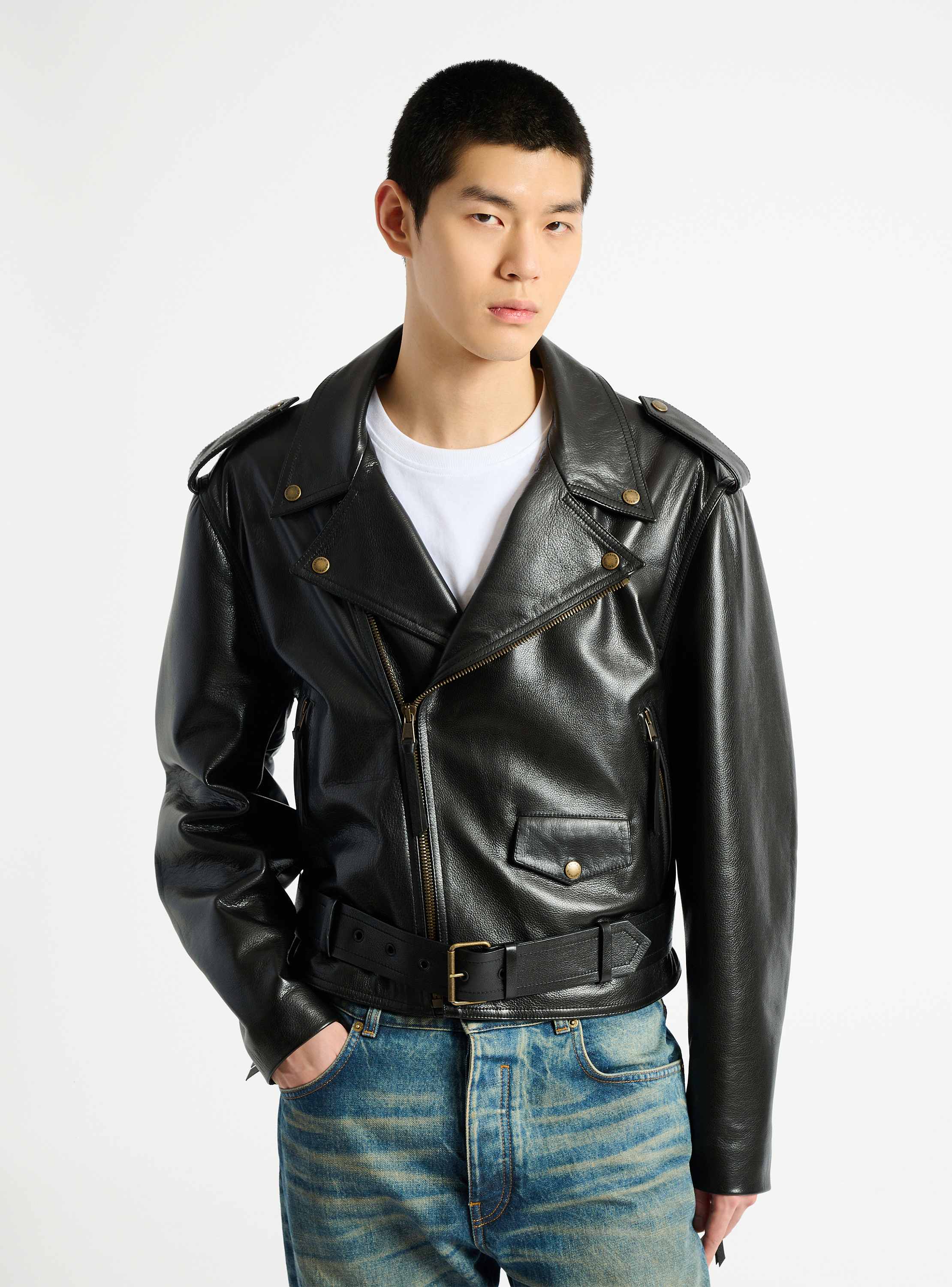Textured leather biker jacket