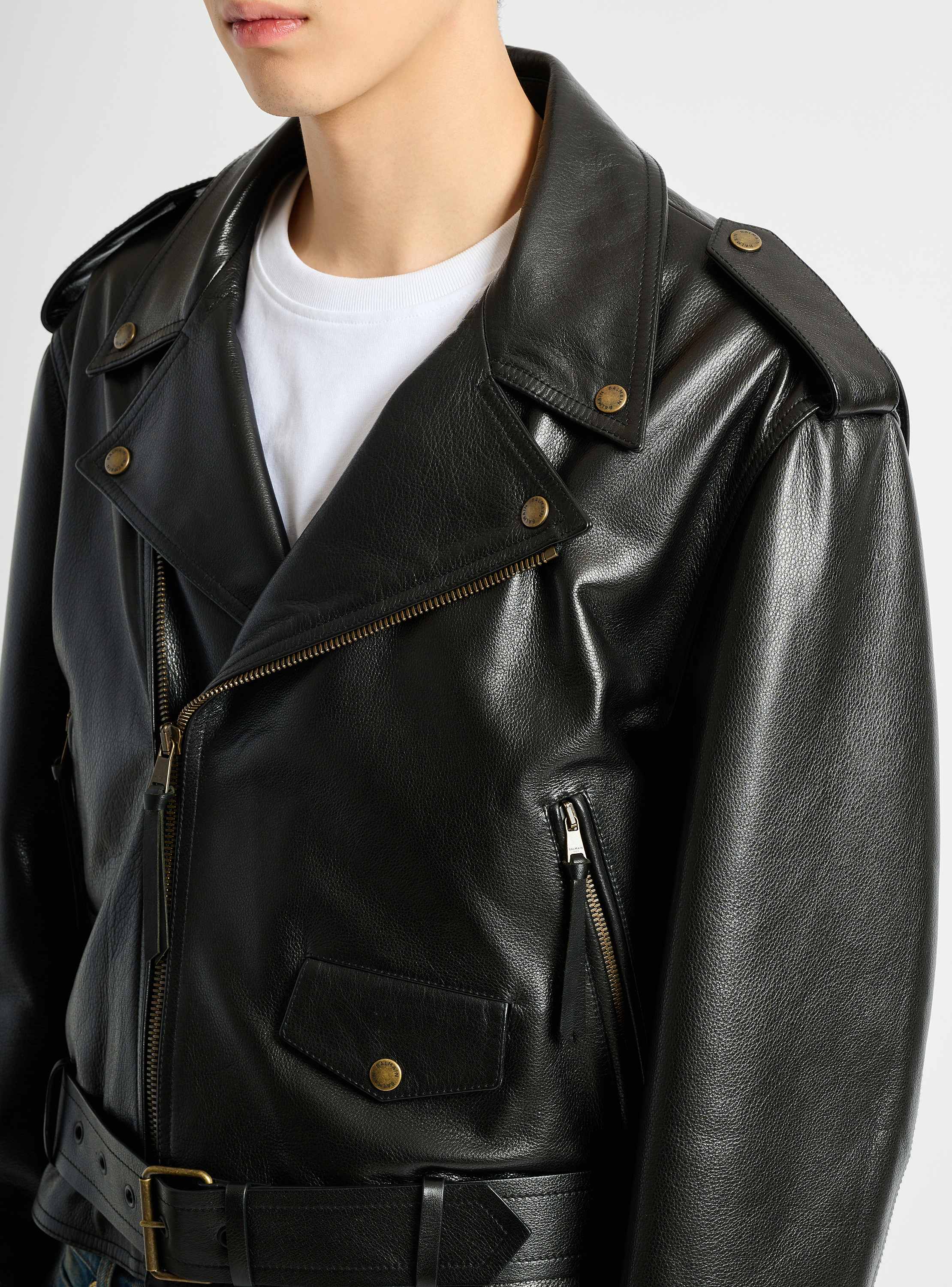 Textured leather biker jacket