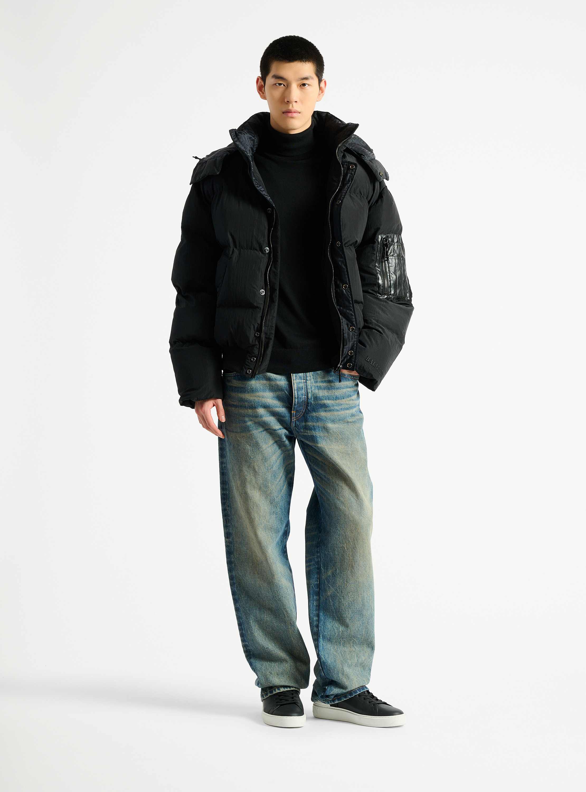Padded nylon and leather jacket