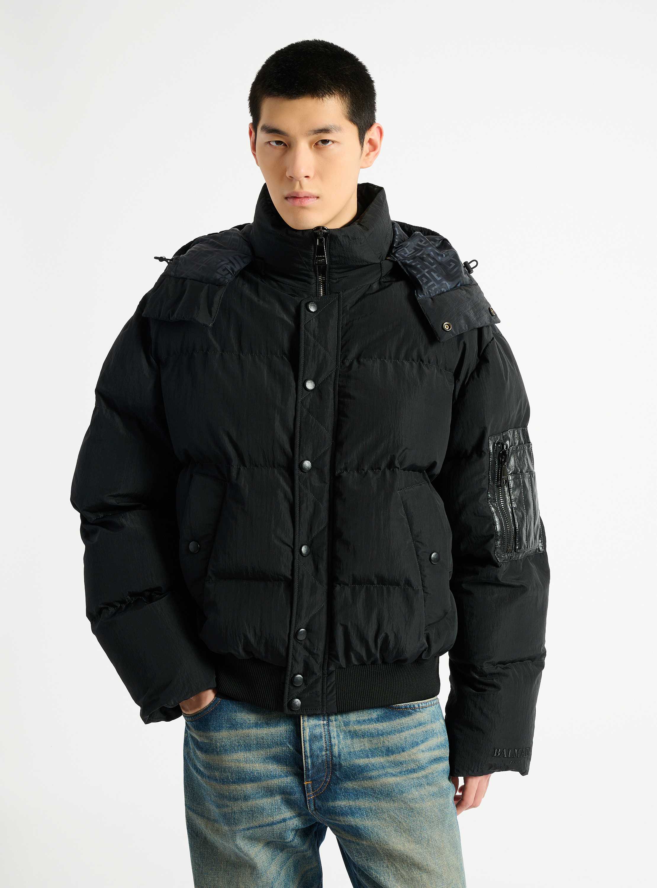 Padded nylon and leather jacket