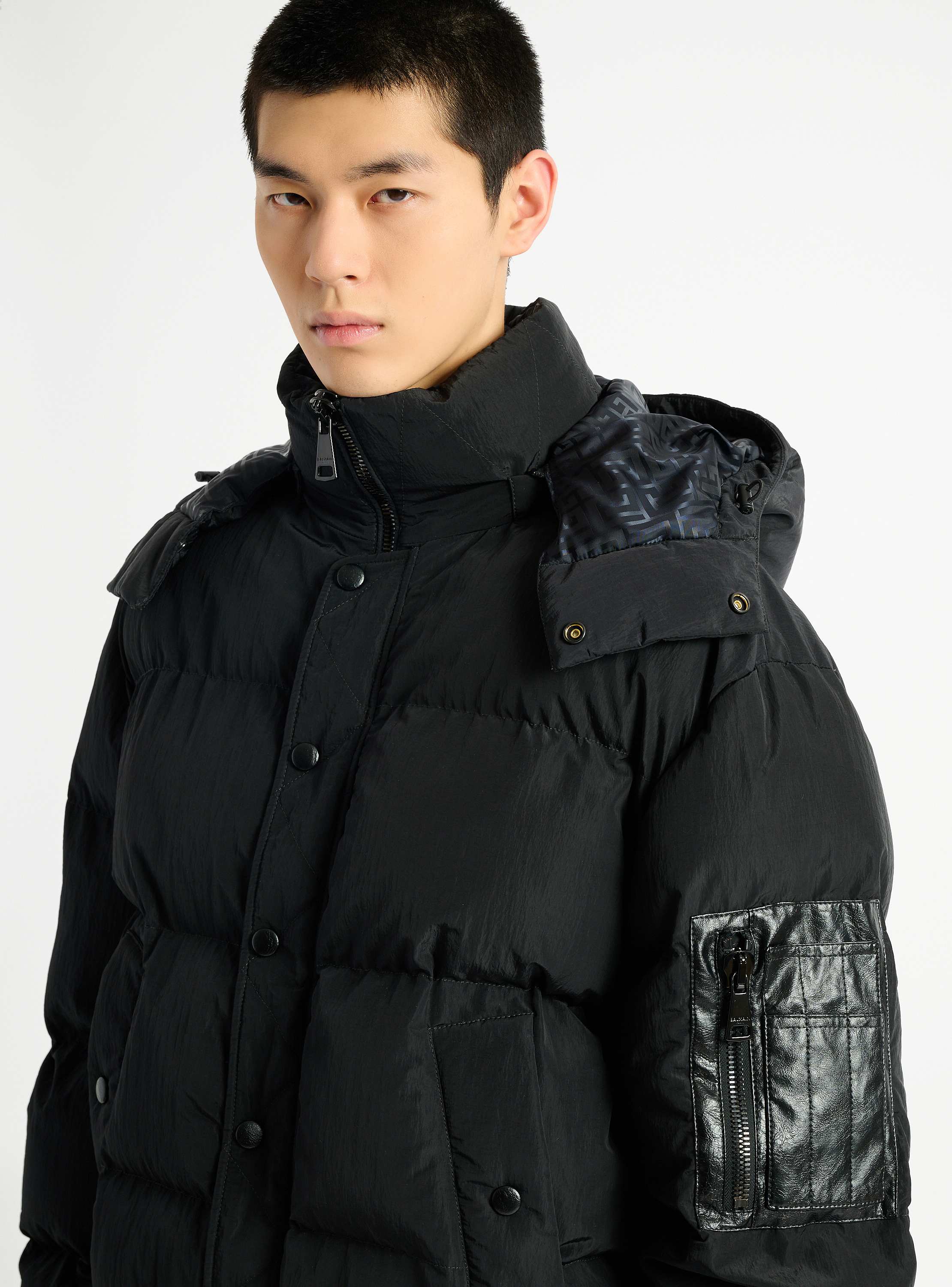 Padded nylon and leather jacket
