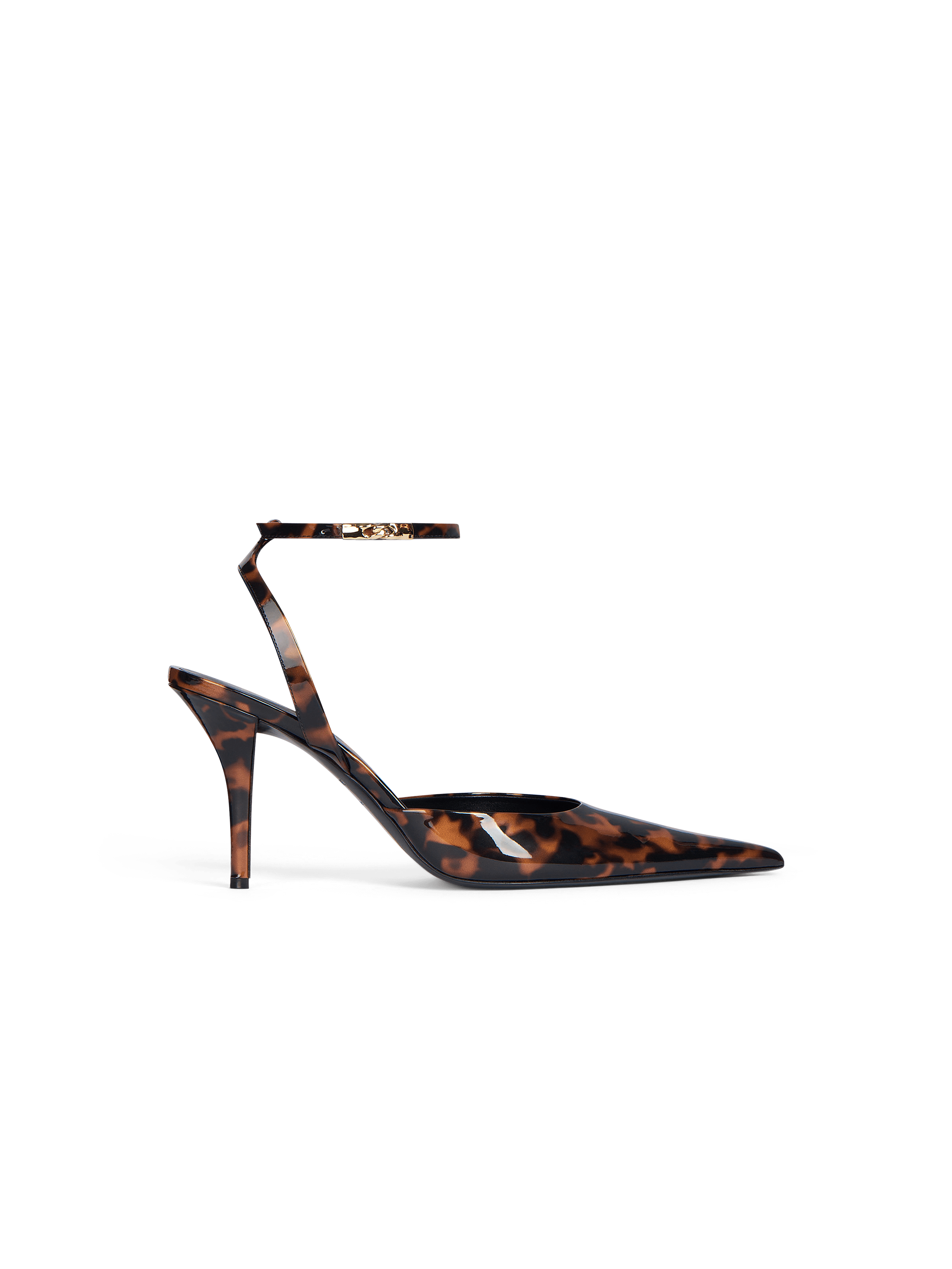 Printed patent leather strappy pumps