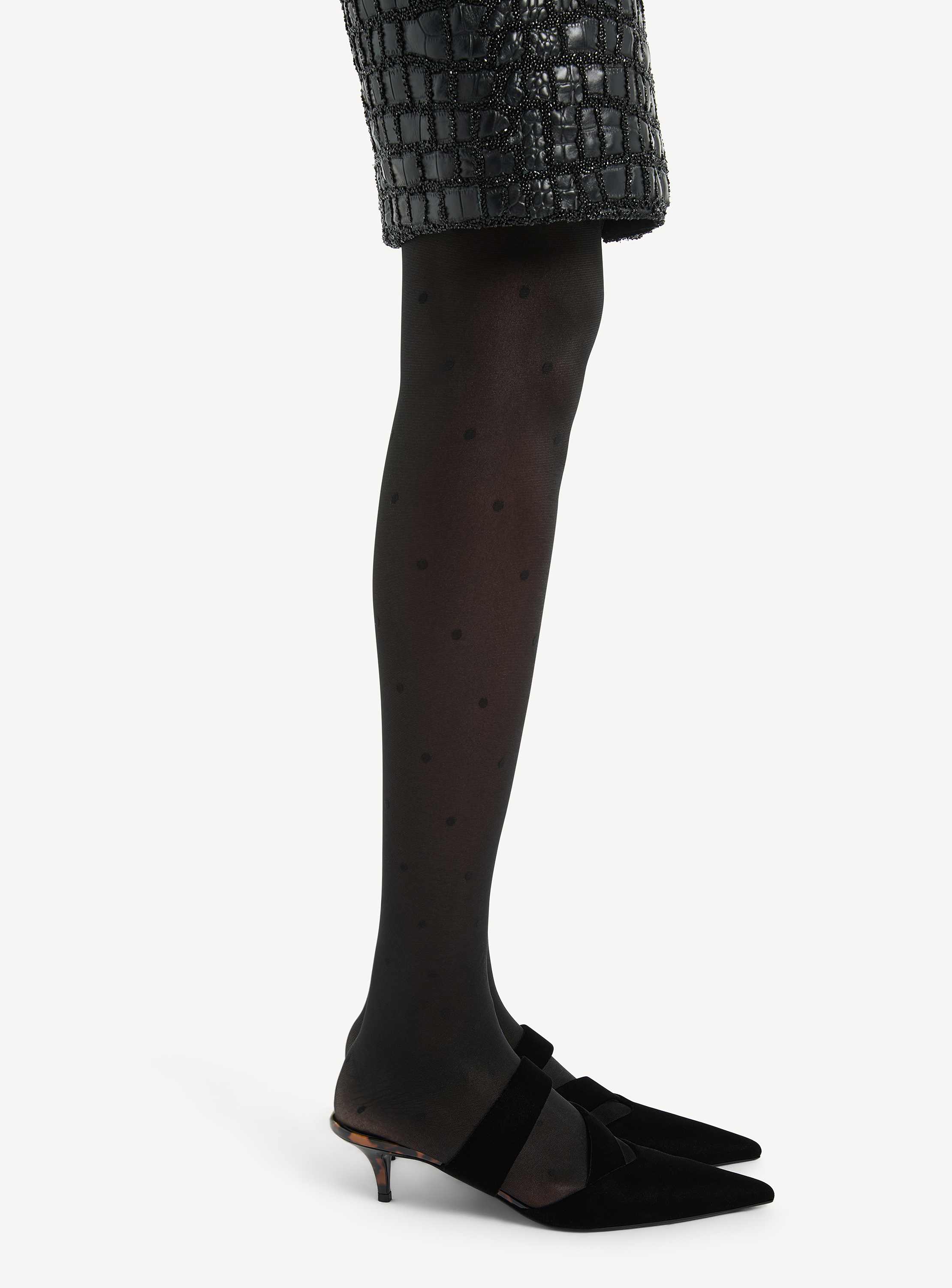 Velvet and printed patent leather mules