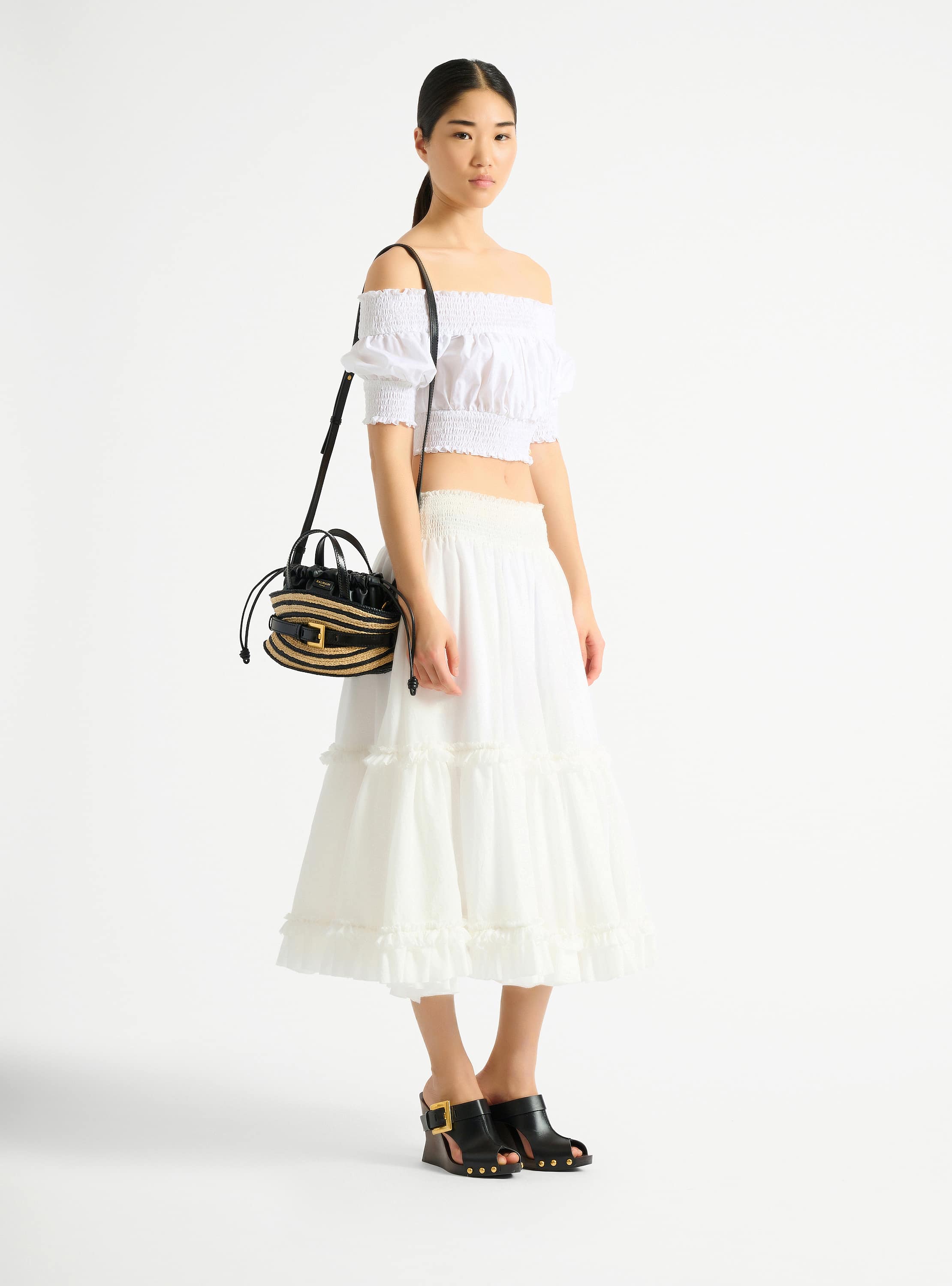 Mini Shuffle bag in smooth leather and raffia