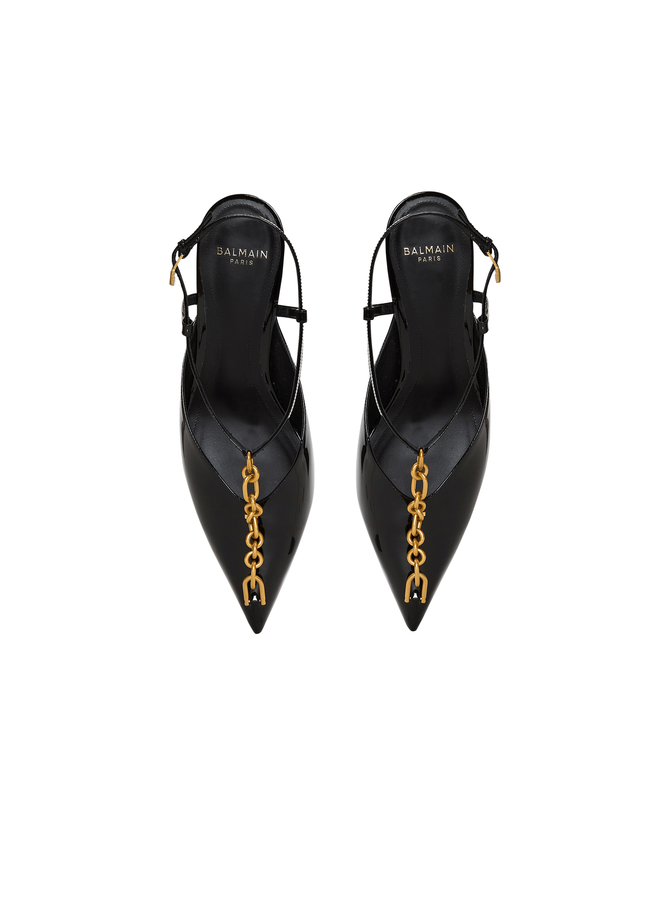 Sync chain kitten slingbacks in patent leather
