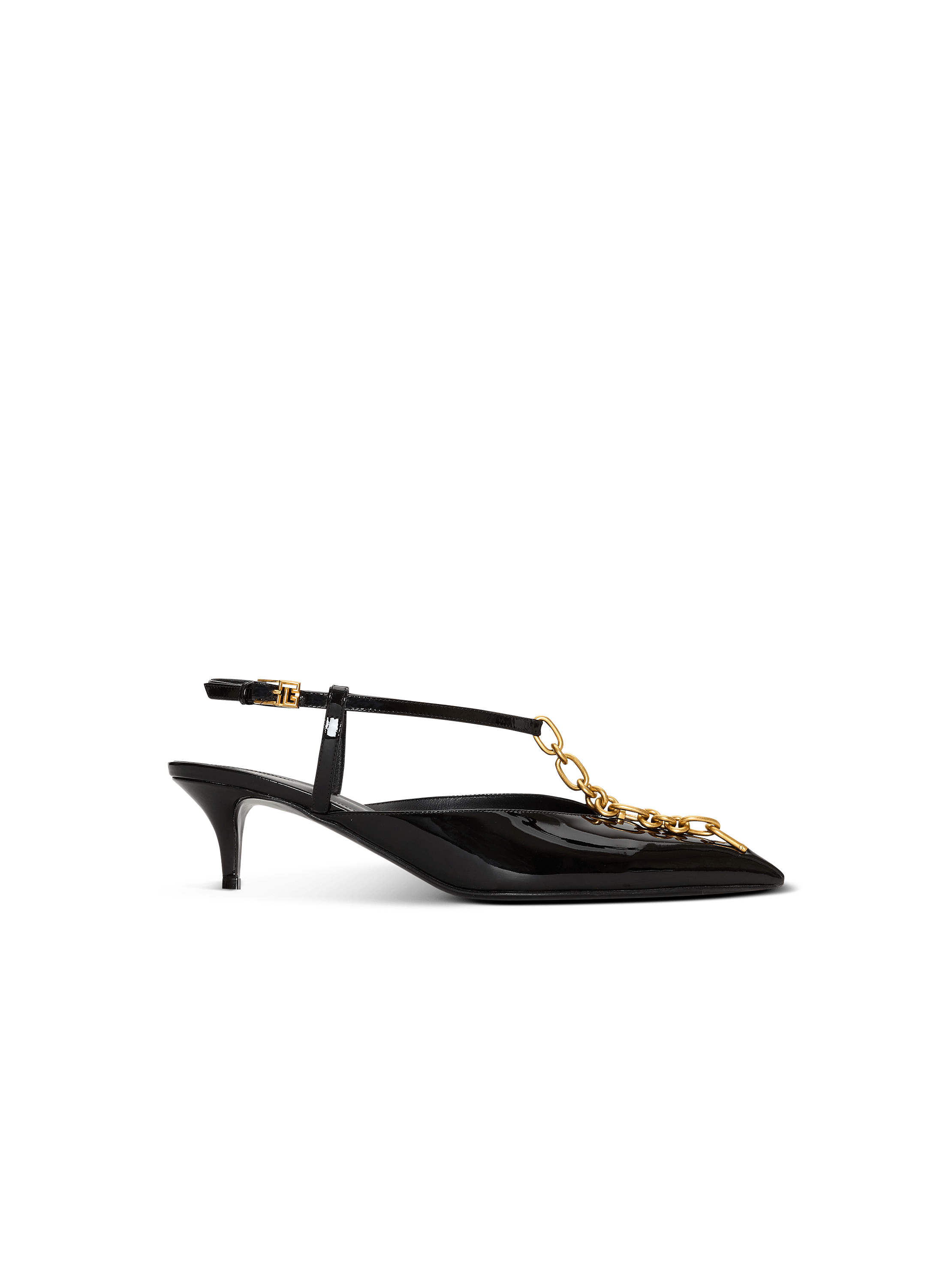 Sync chain kitten slingbacks in patent leather