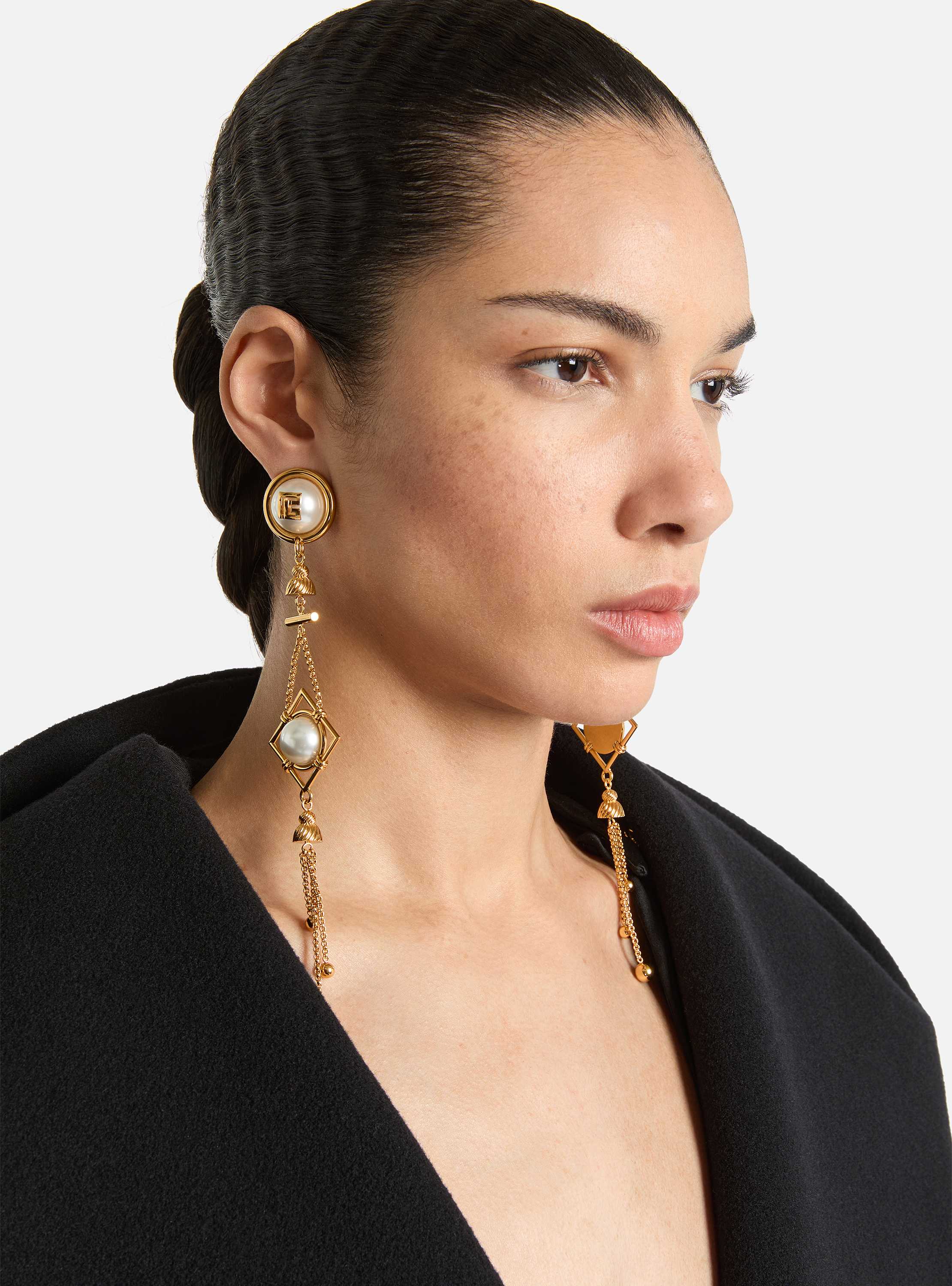 Brass and pearl pendant earrings