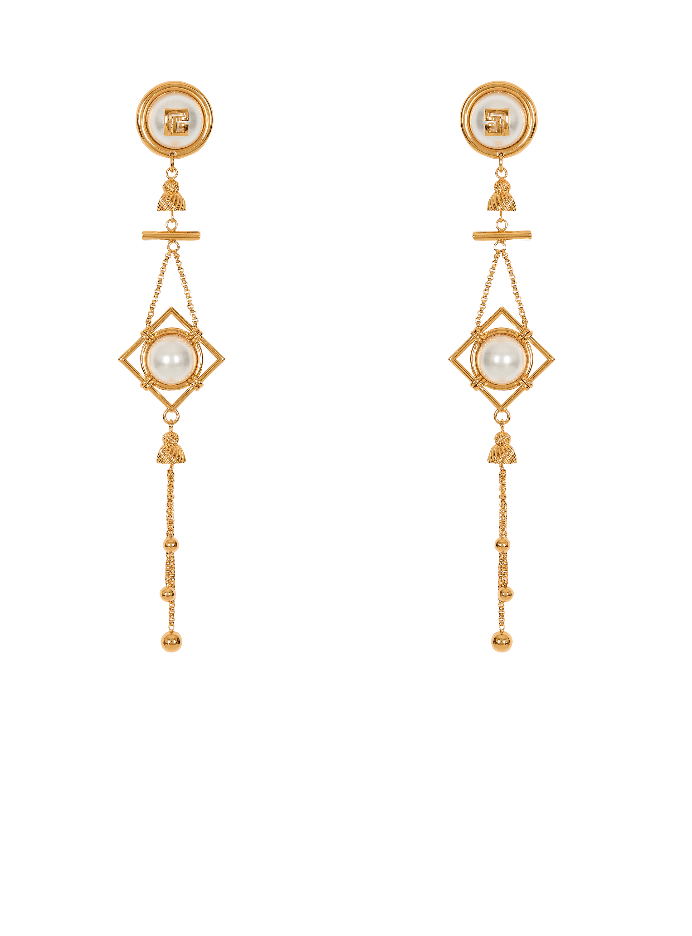 Brass and pearl pendant earrings