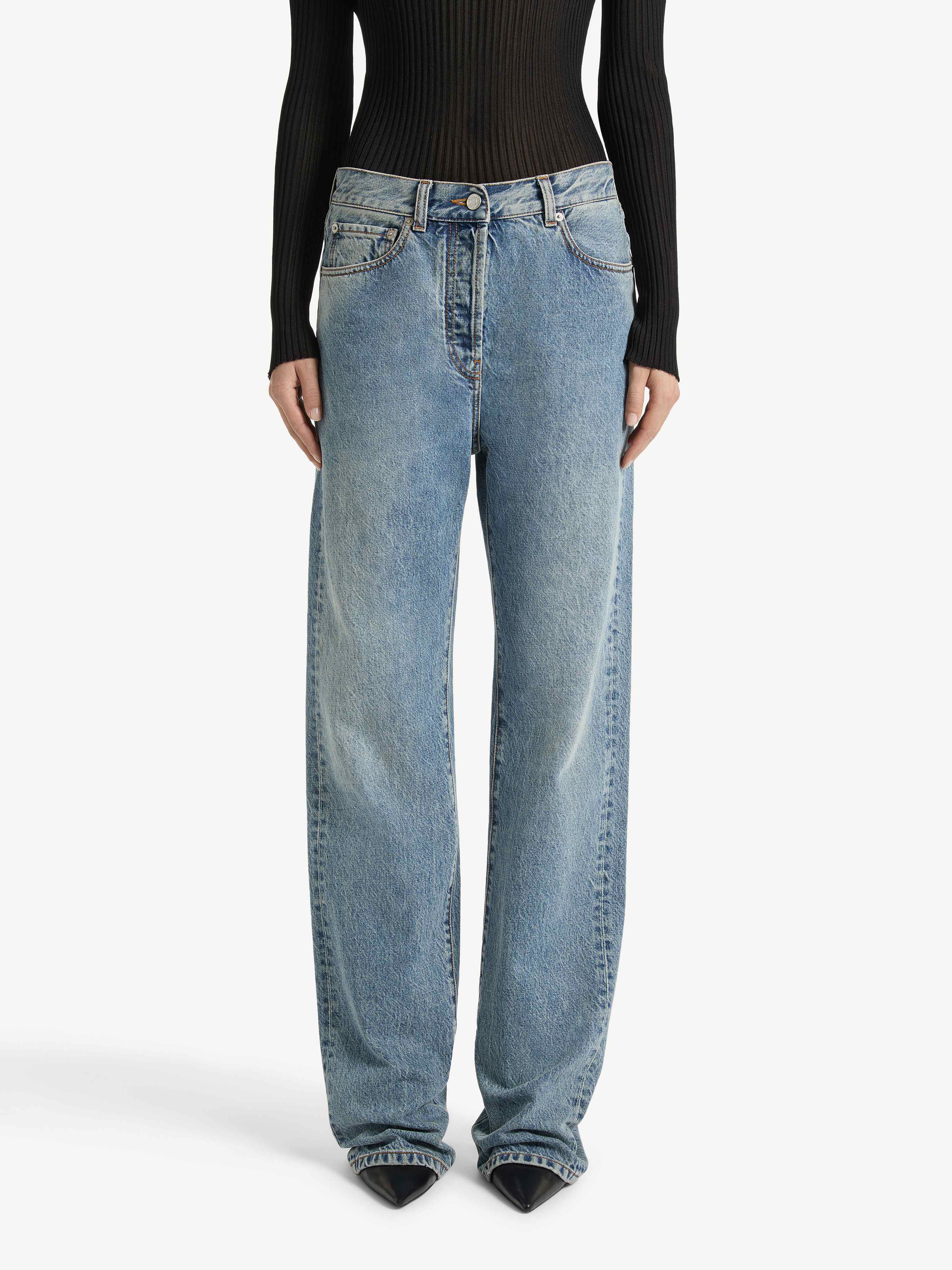 Straight-leg faded denim jeans