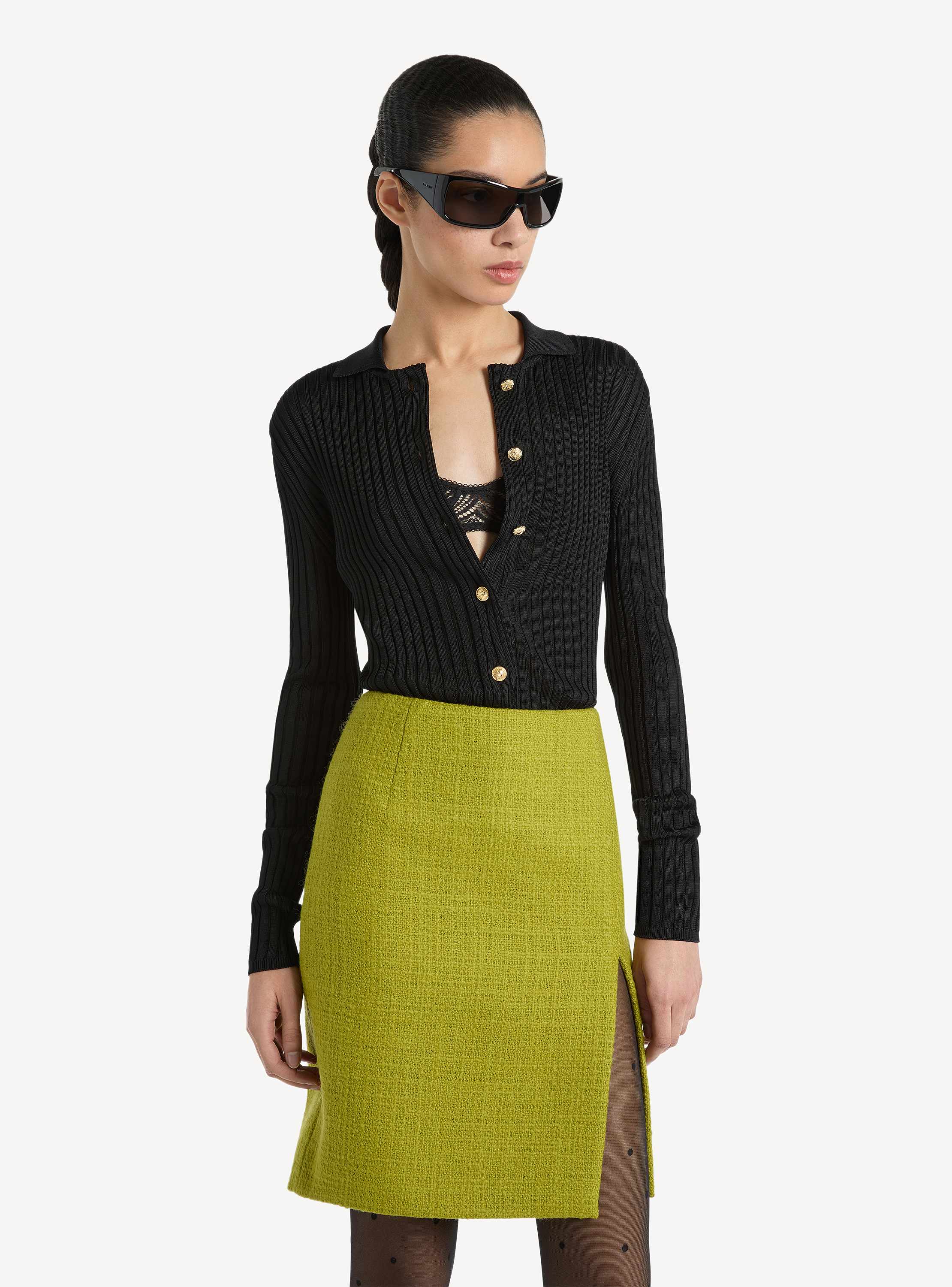 Buttoned ribbed knit cardigan