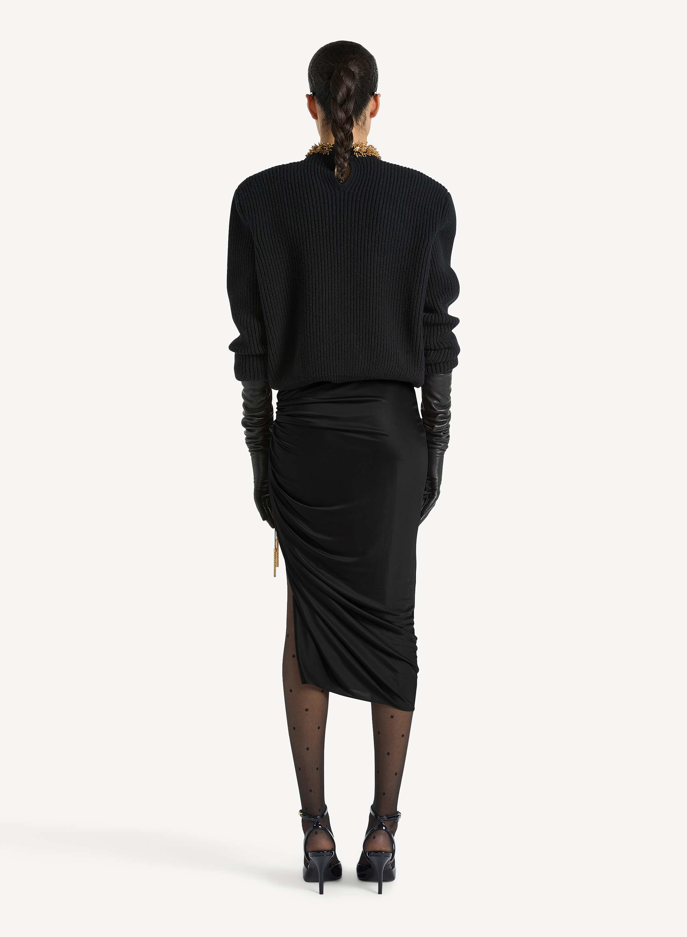 Flowing jersey midi skirt with slit