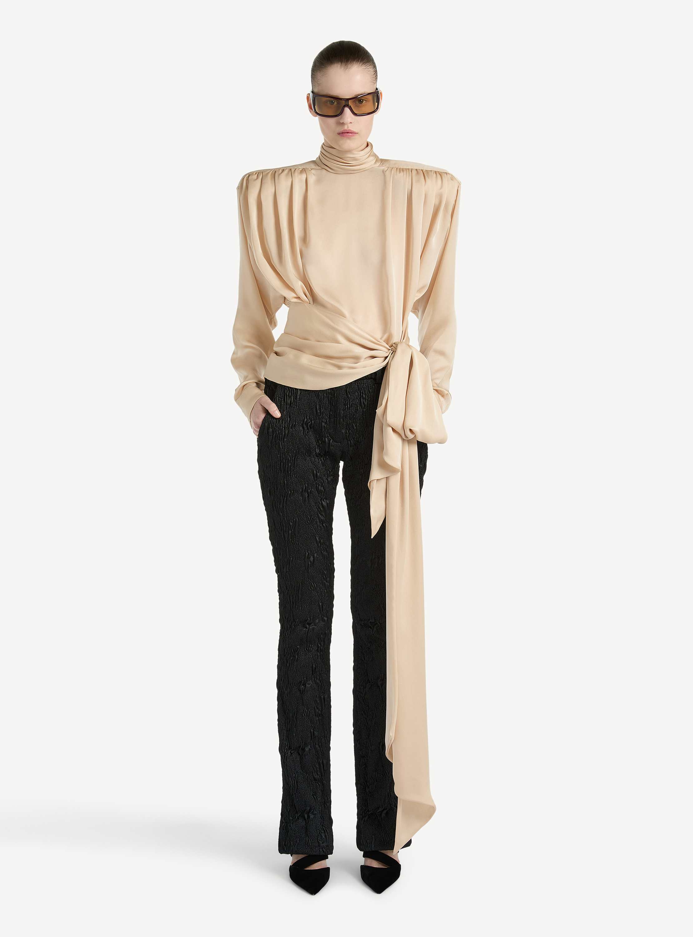 Silk chiffon blouse with padded shoulders and tie