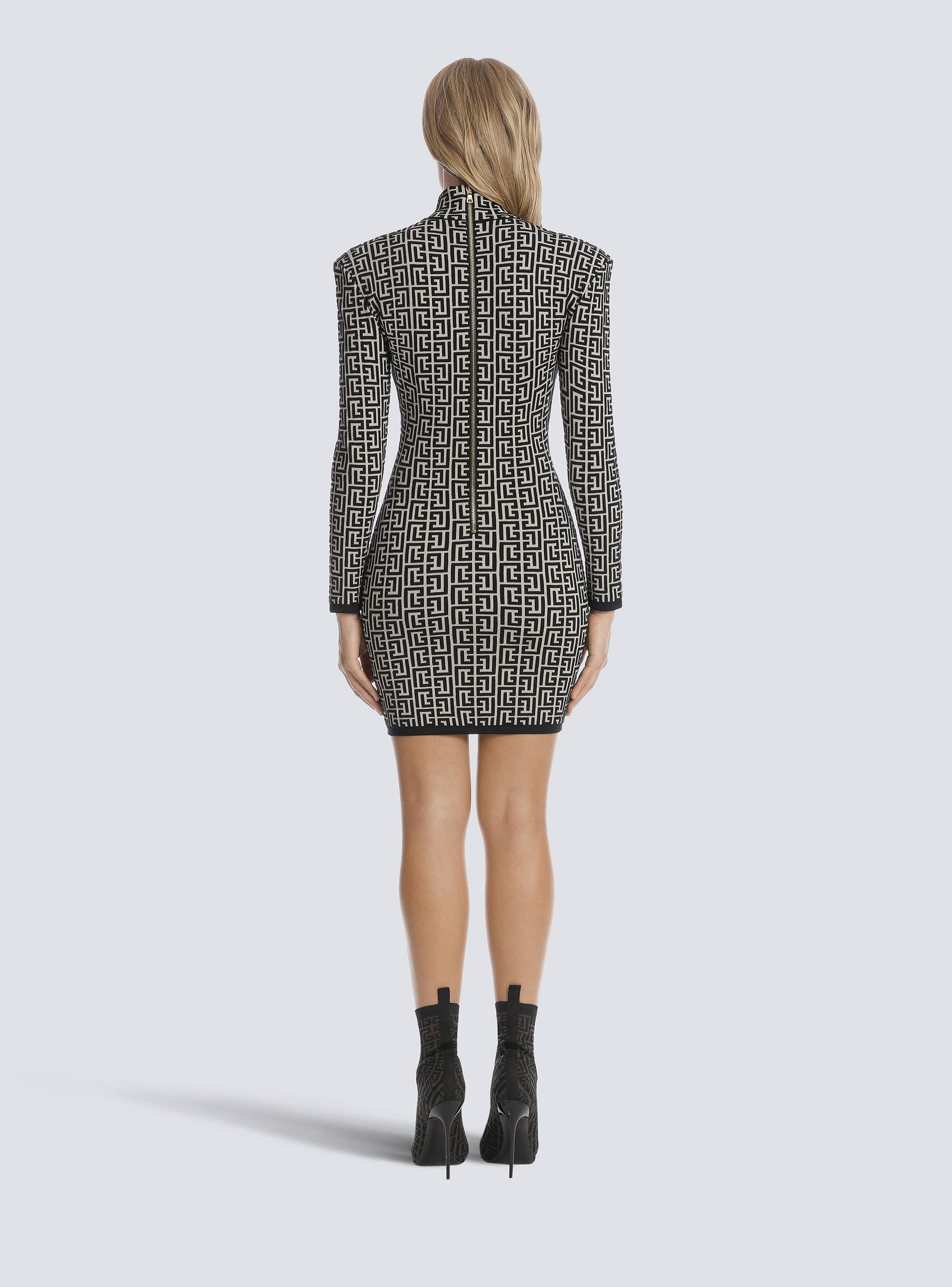 Short bicolor jacquard knit dress with Balmain monogram Short bicolor jacquard knit dress with Balmain monogram