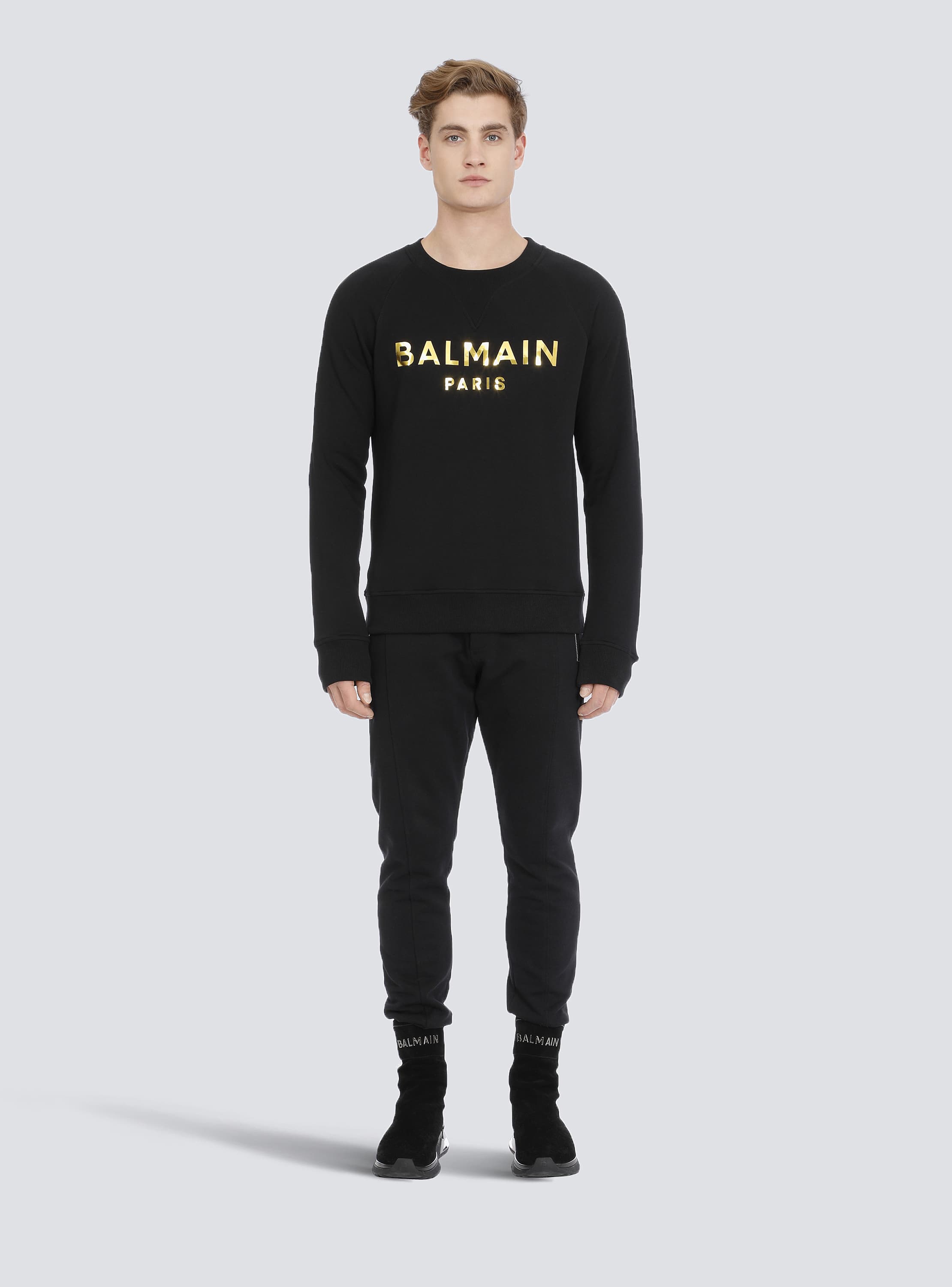 【BALMAIN】スウェットシャツ ロゴプリント クルーネック コットン スウェットシャツ メタリックBalmain Parisロゴ