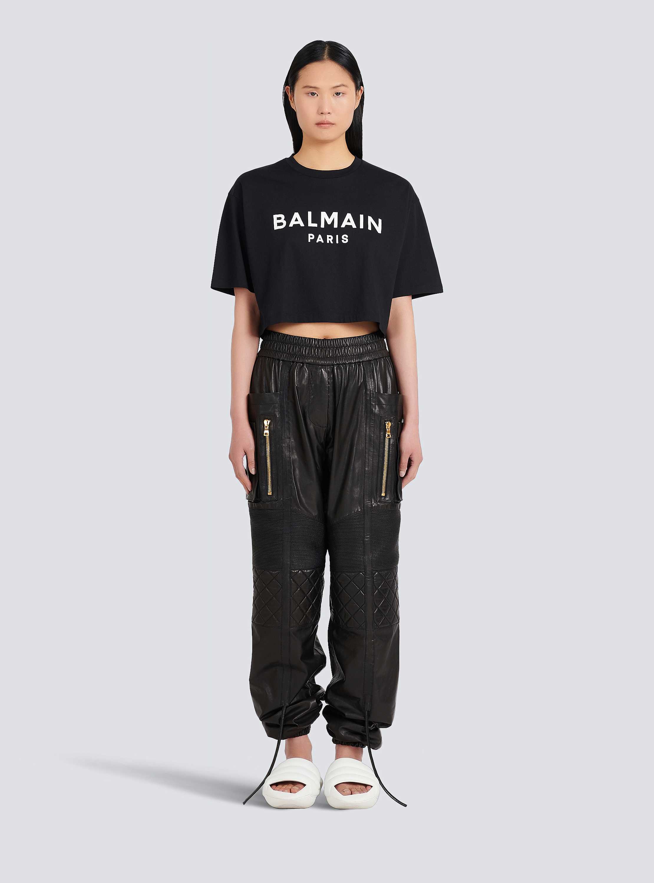 Cropped eco-designed cotton T-shirt with Balmain logo print