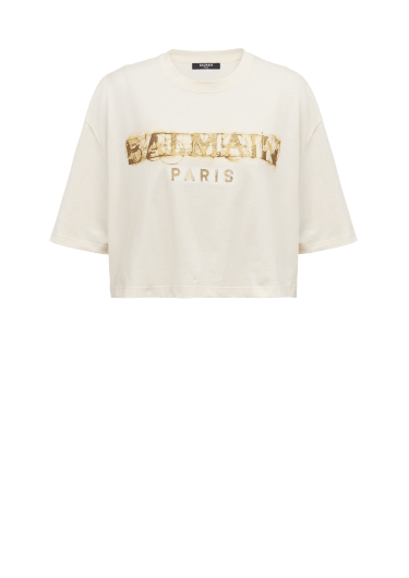 Kurzes T-Shirt mit Balmain Metallic-Print