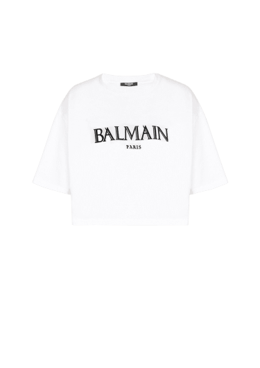 Camiseta corta con logotipo de Balmain con tipografía romana en goma