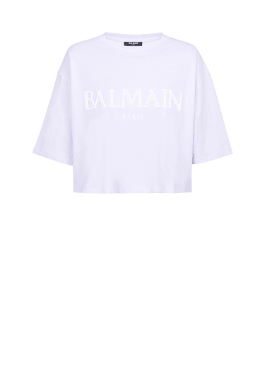 Kurzes T-Shirt mit römischem Balmain-Logo aus Kautschuk