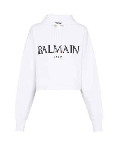 Kurzes Kapuzensweatshirt mit römischem Balmain-Logo aus Kautschuk