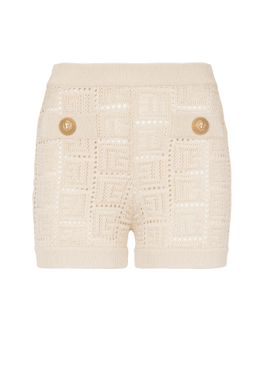 Monogrammed openwork knit mini shorts