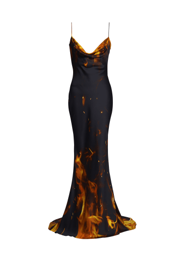 Langes Kleid aus Satin mit Fire-Print
